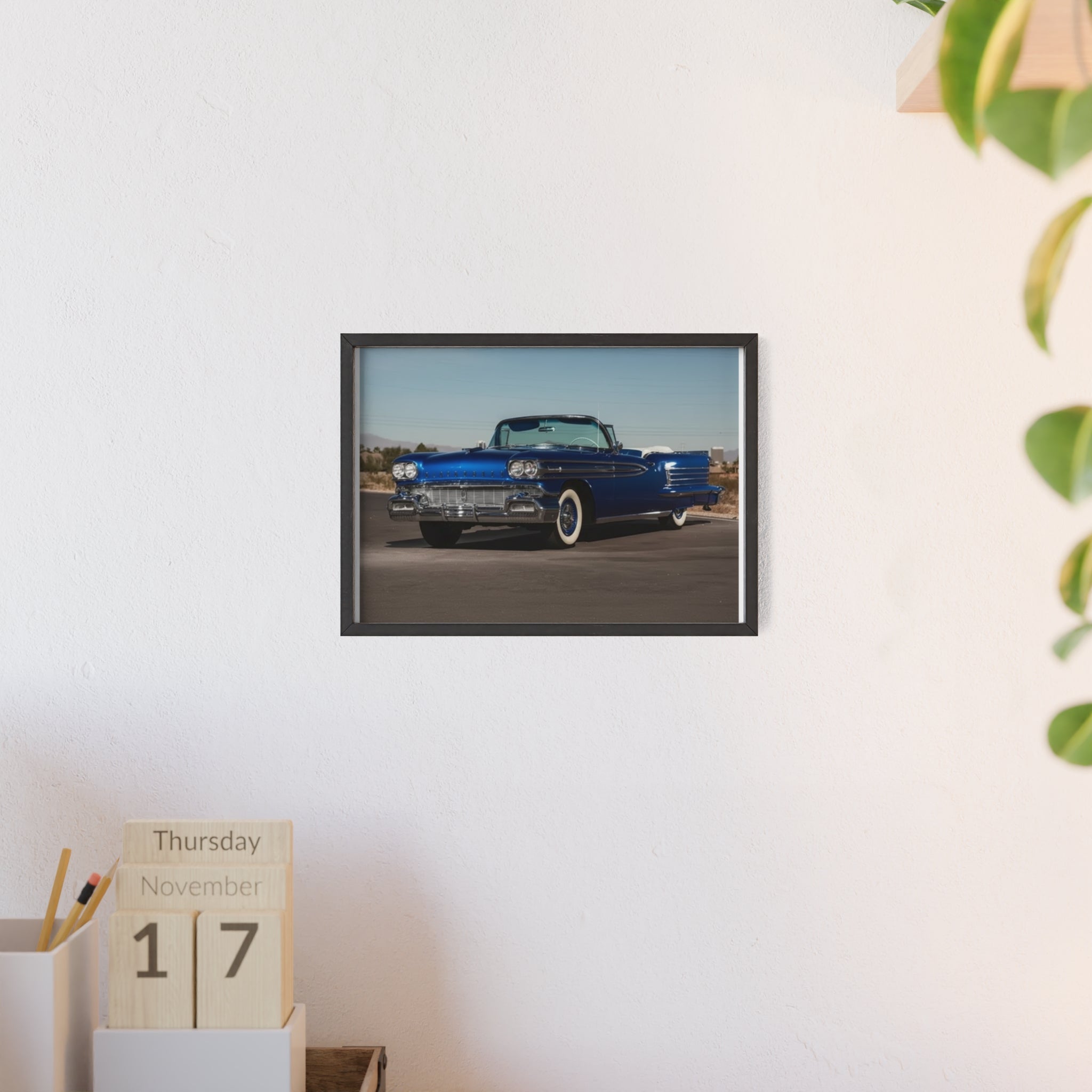 Framed Vintage Blue Classic Car Poster — Retro Automobile Wall Art