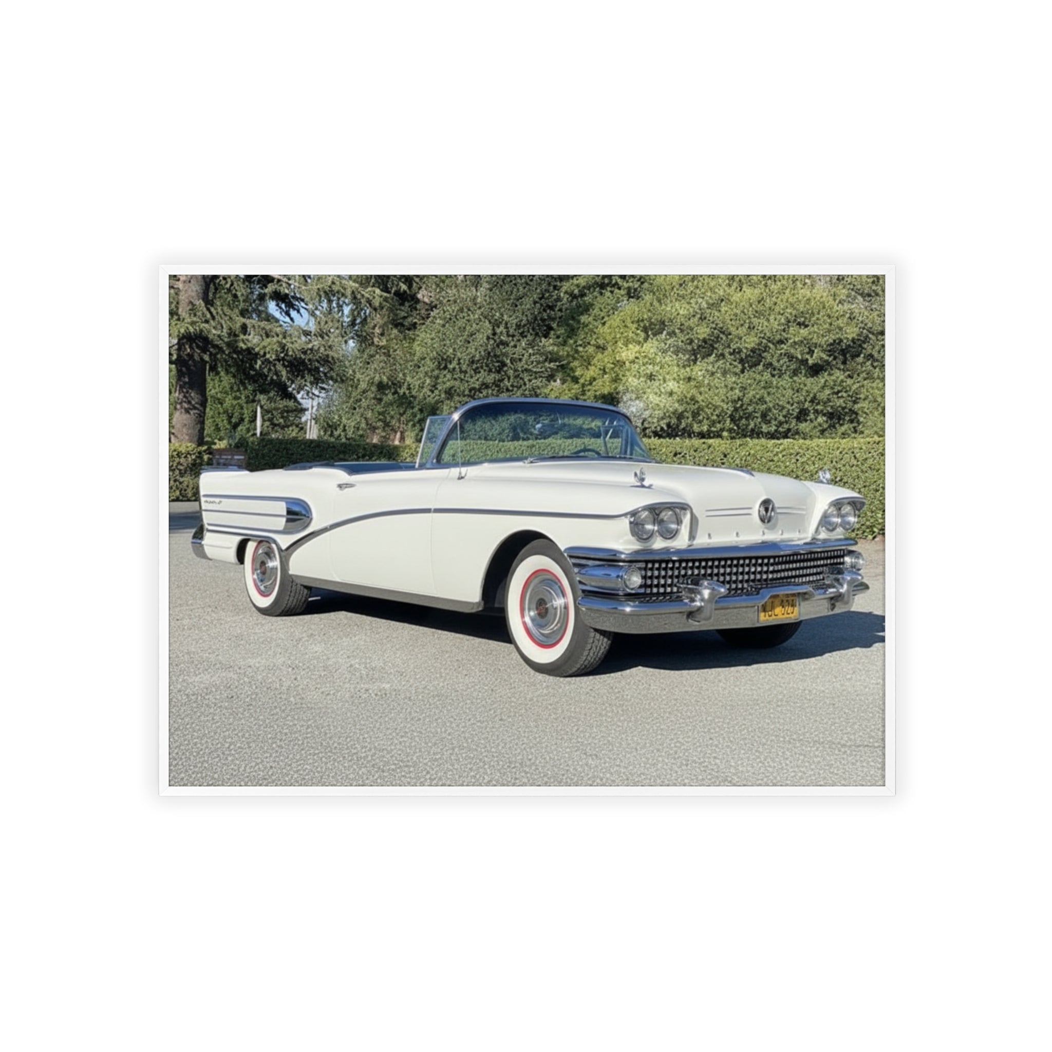 Classic White Convertible Car Poster with Wooden Frame — Vintage Auto Wall Art