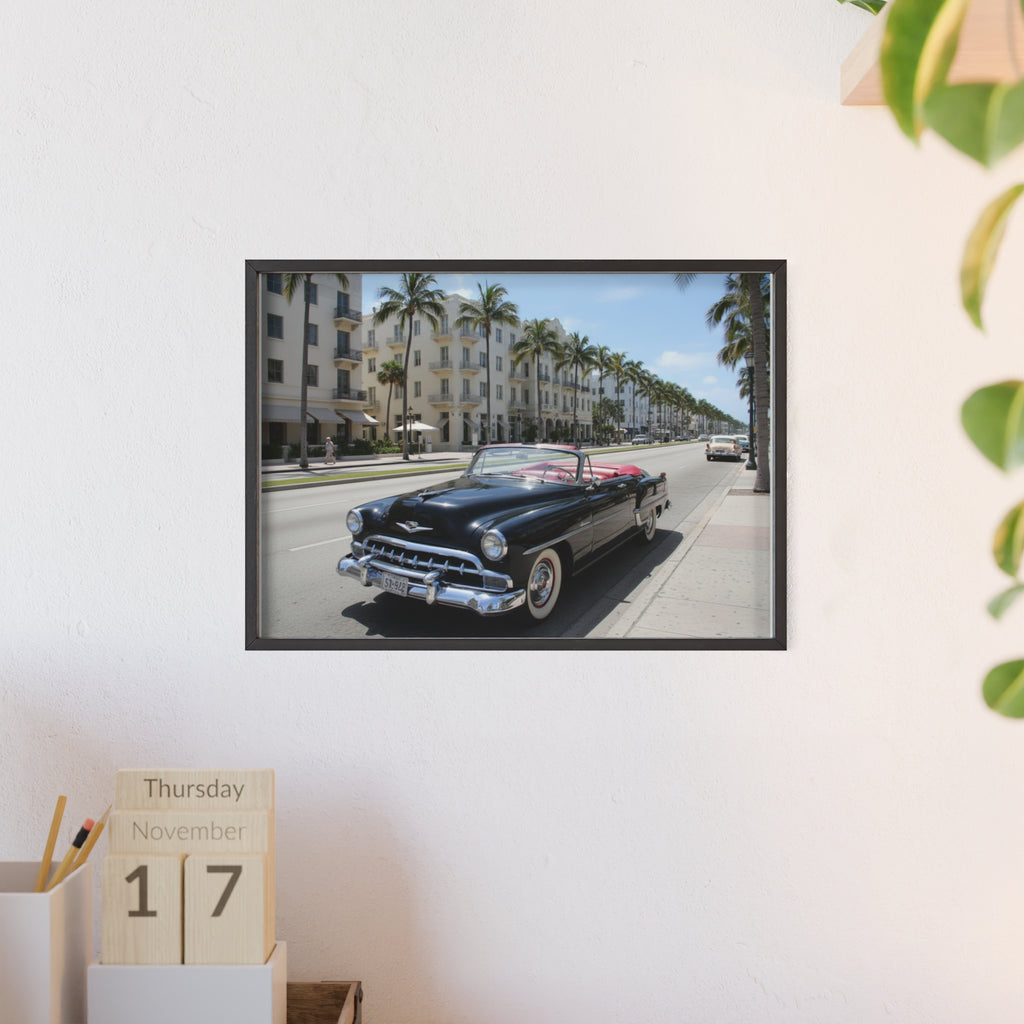 Vintage Convertible on Ocean Drive Framed Poster – Retro Classic Car Wall Art