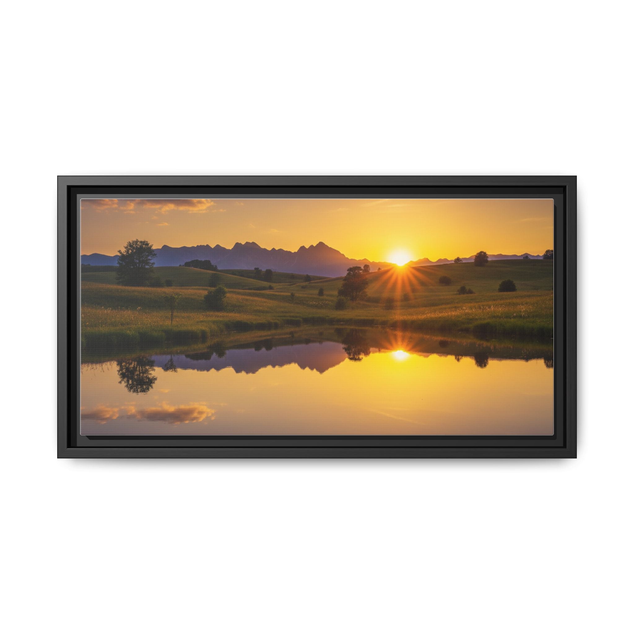 Framed Matte Canvas Sunset Landscape — Serene Lake Reflection Wall Art