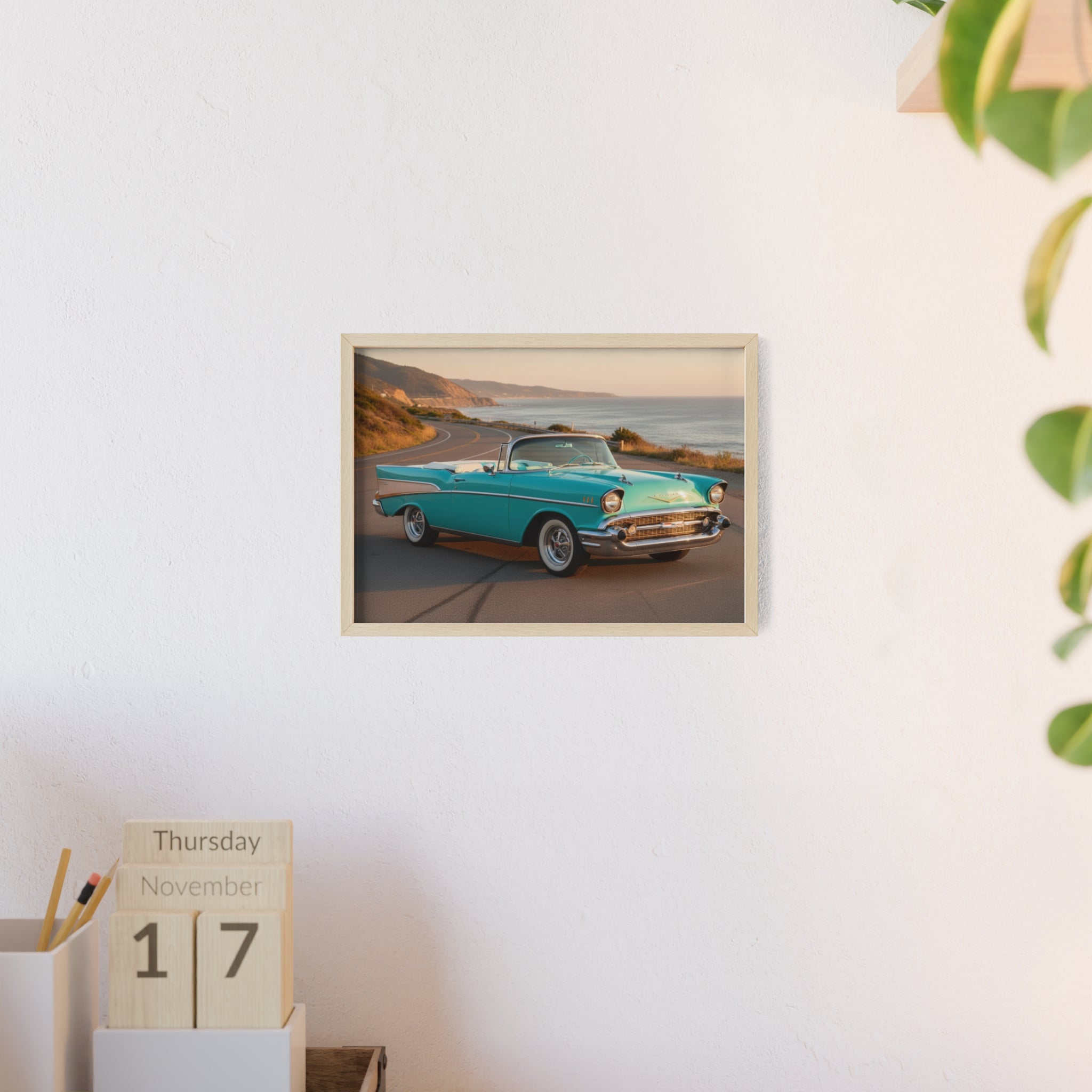 Vintage Teal Classic Car Poster with Wooden Frame — Coastal Road Print