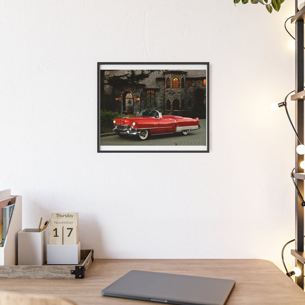 Vintage Red Convertible Poster with Wooden Frame — Classic Car Wall Art