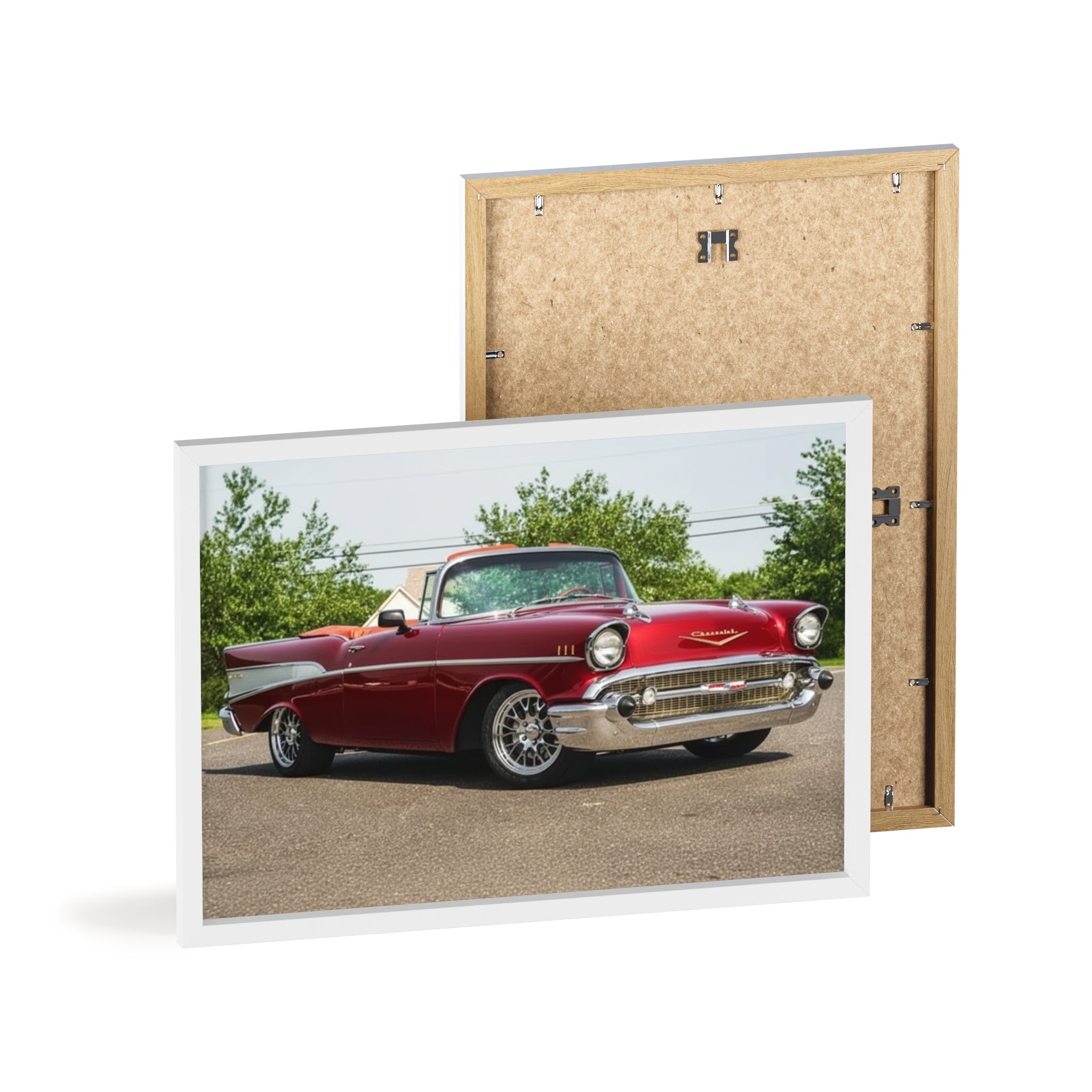 Vintage Red Classic Car Poster with Wooden Frame — Retro Automotive Wall Art