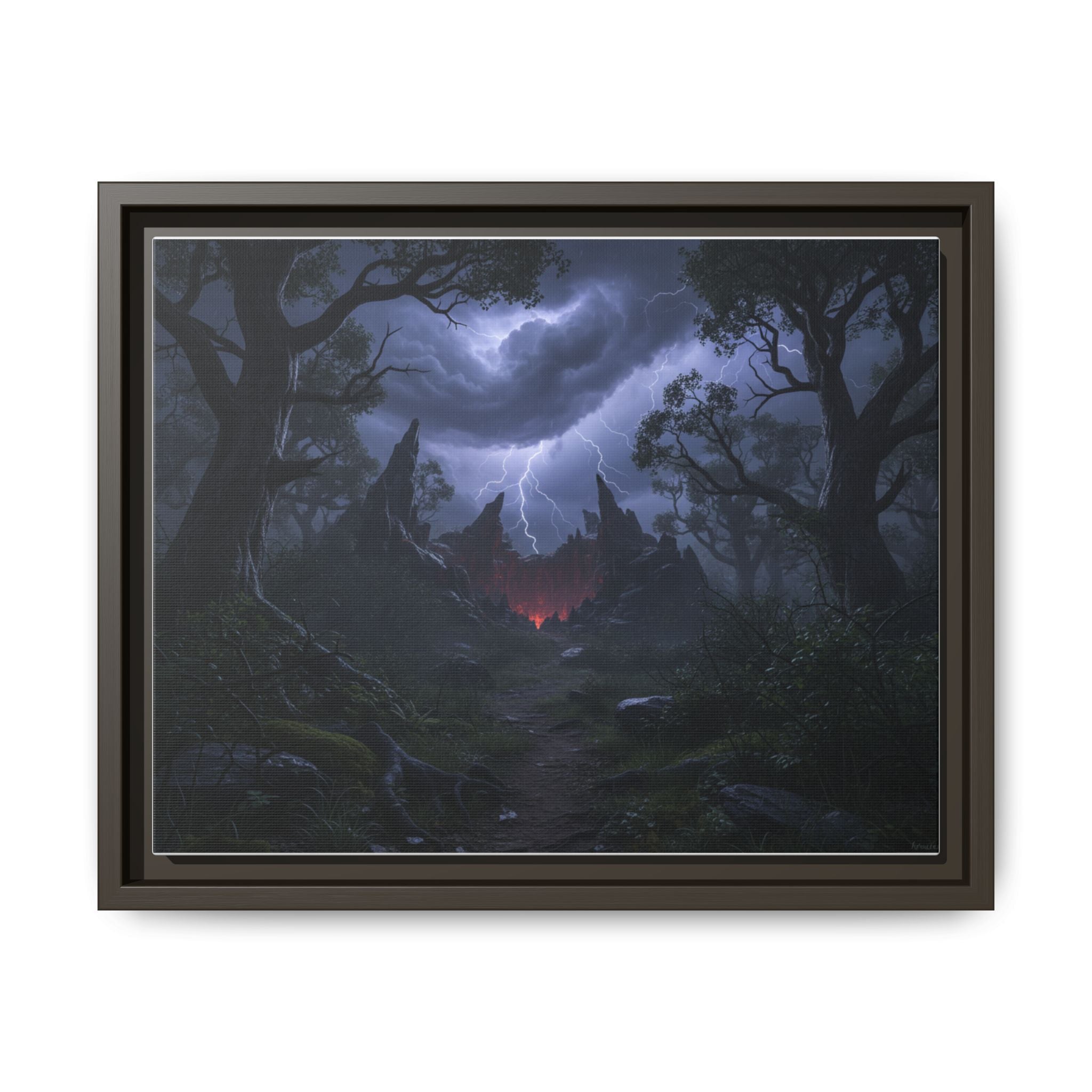 Dark Storm Forest Framed Canvas Print — Lightning, Haunted Castle Art