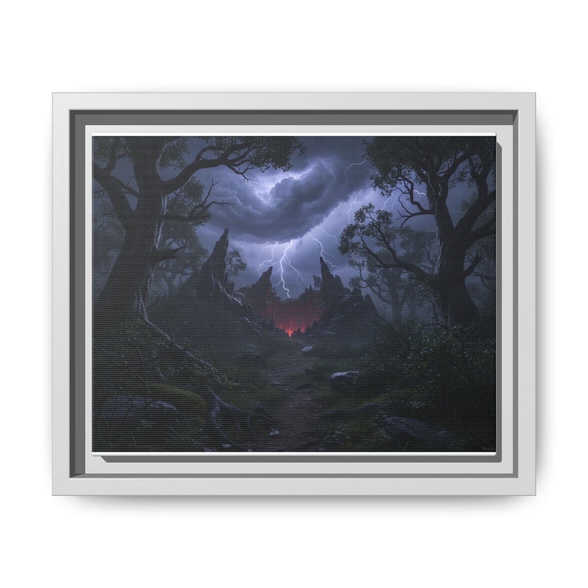 Dark Storm Forest Framed Canvas Print — Lightning, Haunted Castle Art