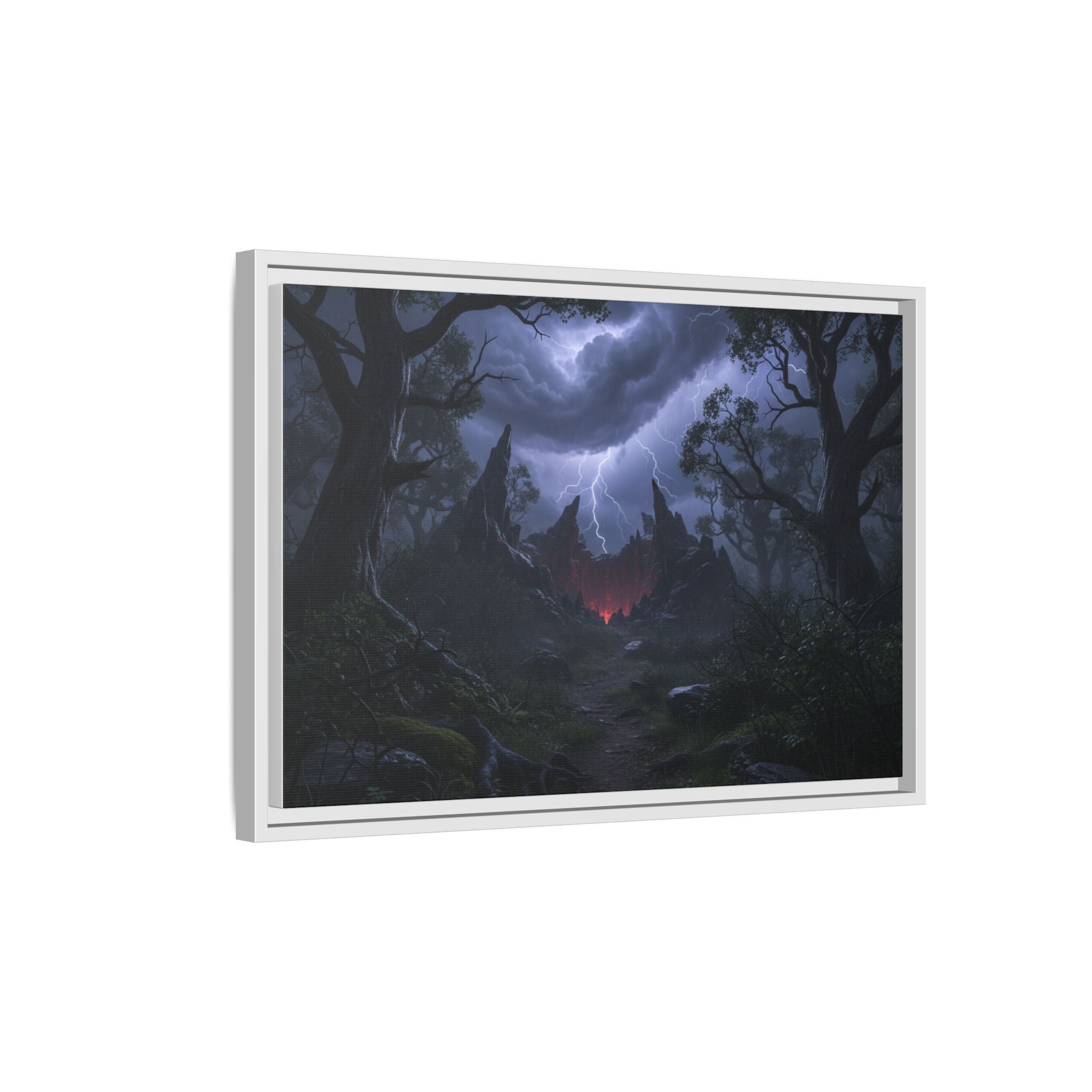 Dark Storm Forest Framed Canvas Print — Lightning, Haunted Castle Art