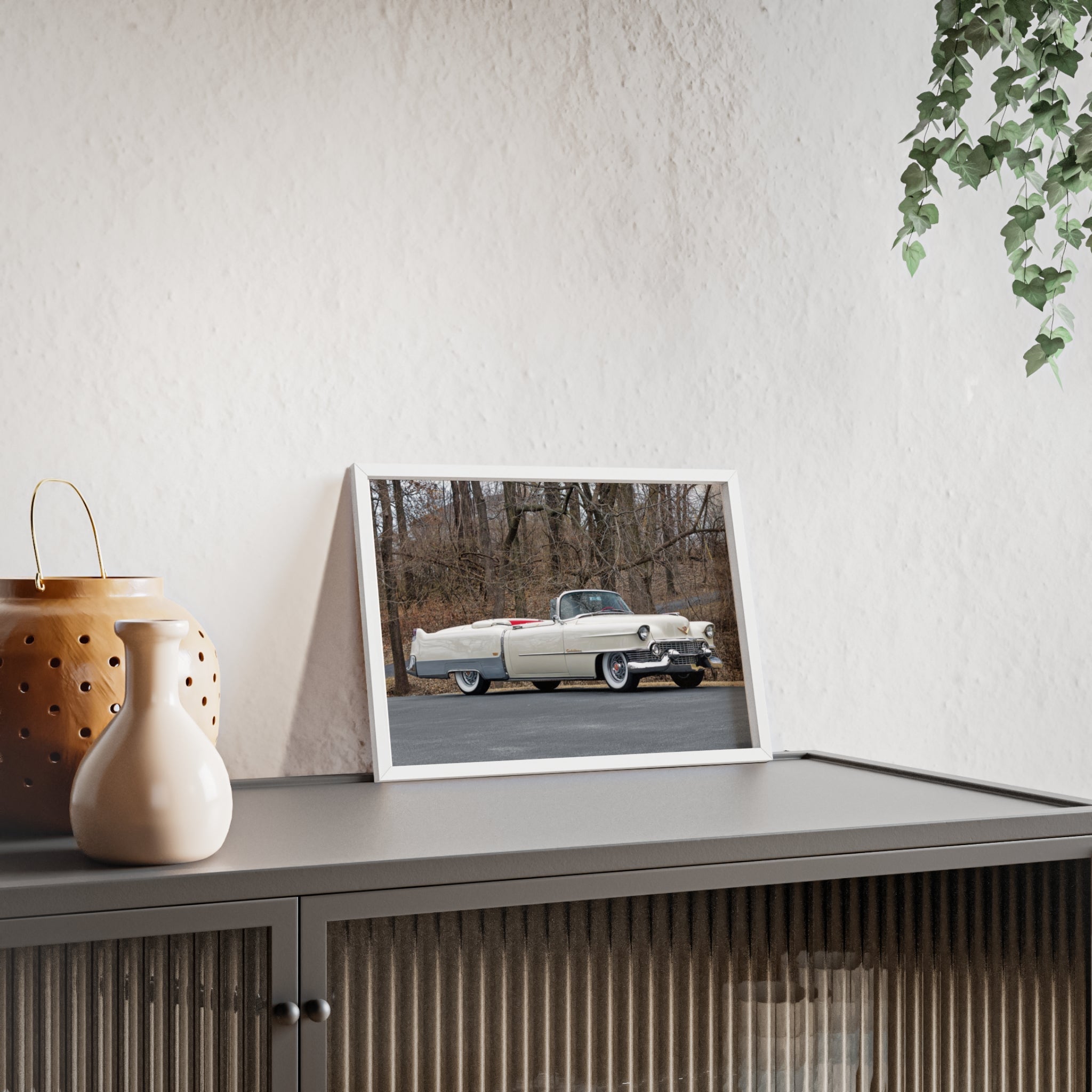 Vintage 1950s White Cadillac Poster with Wooden Frame - Classic Car Wall Art