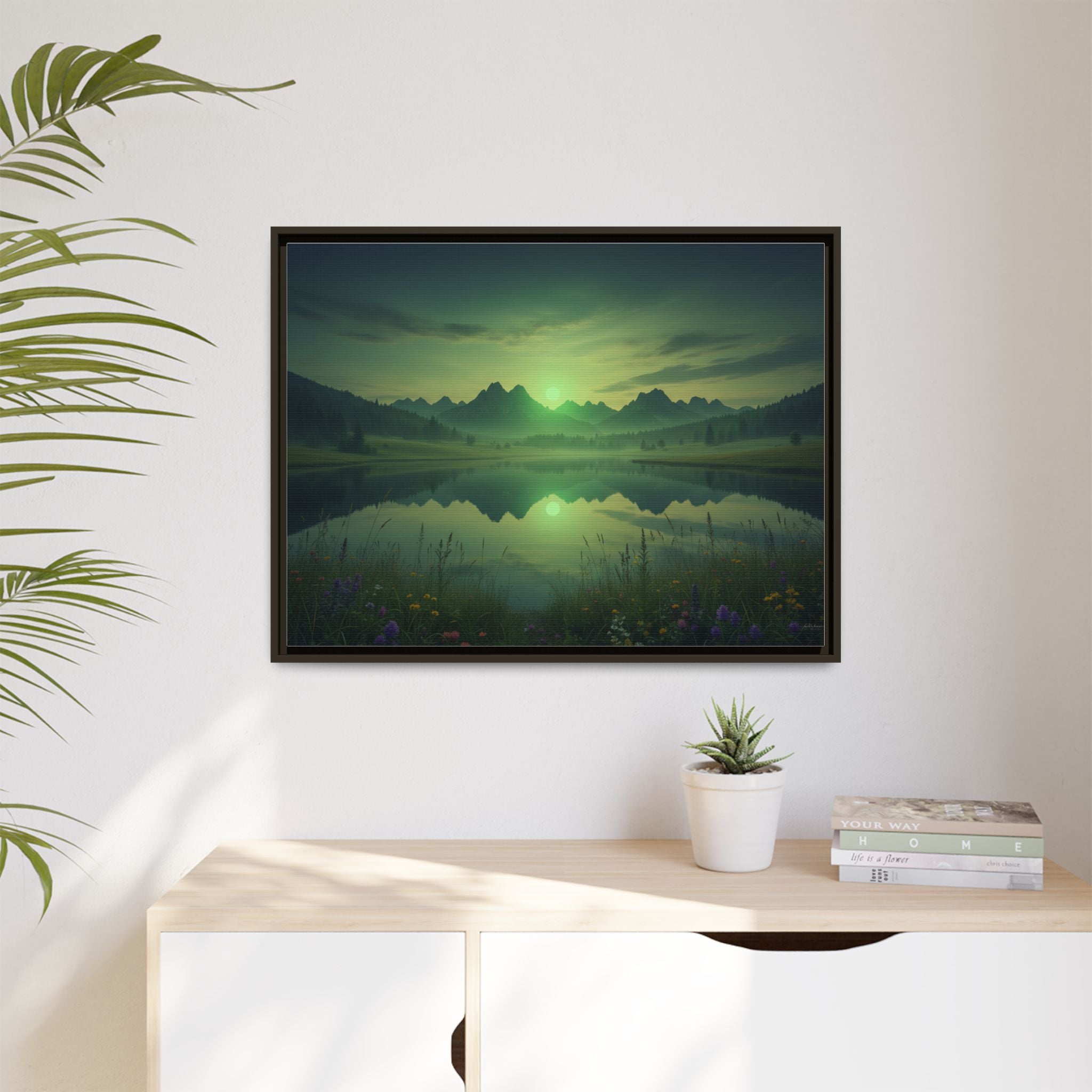 Framed Matte Canvas Print — Serene Green Mountain Lake Landscape