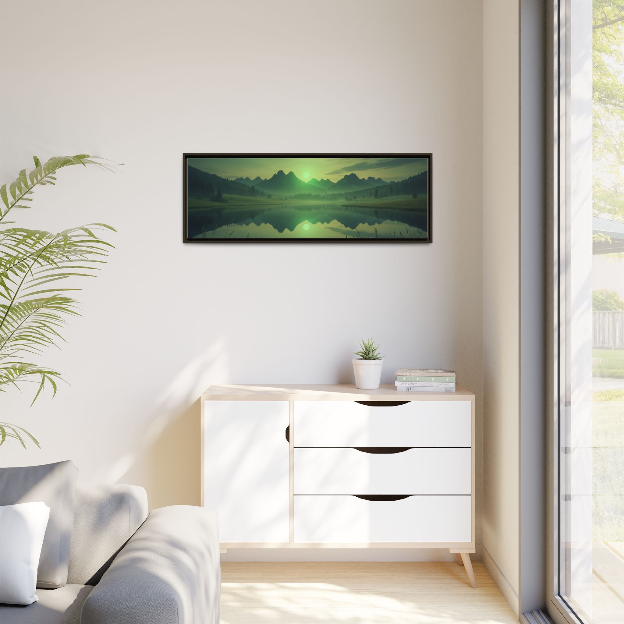 Framed Matte Canvas Print — Serene Green Mountain Lake Landscape