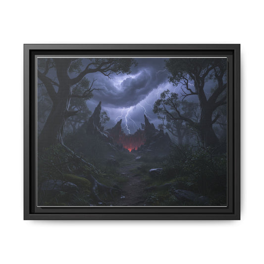 Dark Storm Forest Framed Canvas Print — Lightning, Haunted Castle Art
