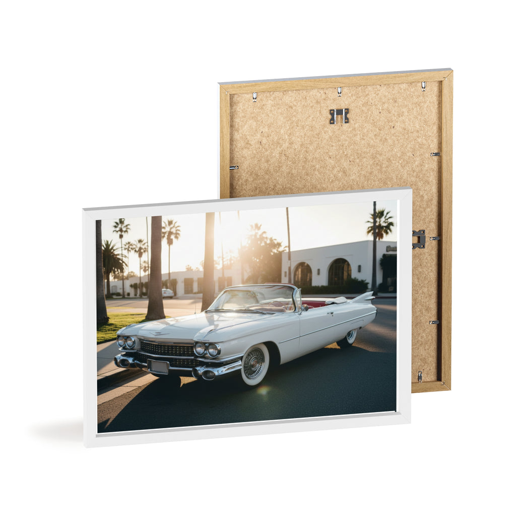 Vintage Cadillac Convertible Poster with Wooden Frame — Retro Palm Trees Sunset Wall Art