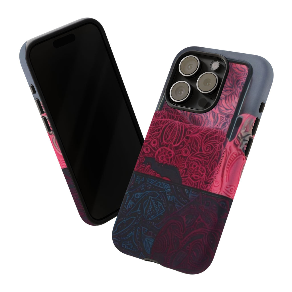 Floral Patchwork Tough Phone Case — Pink & Navy Doodle Design