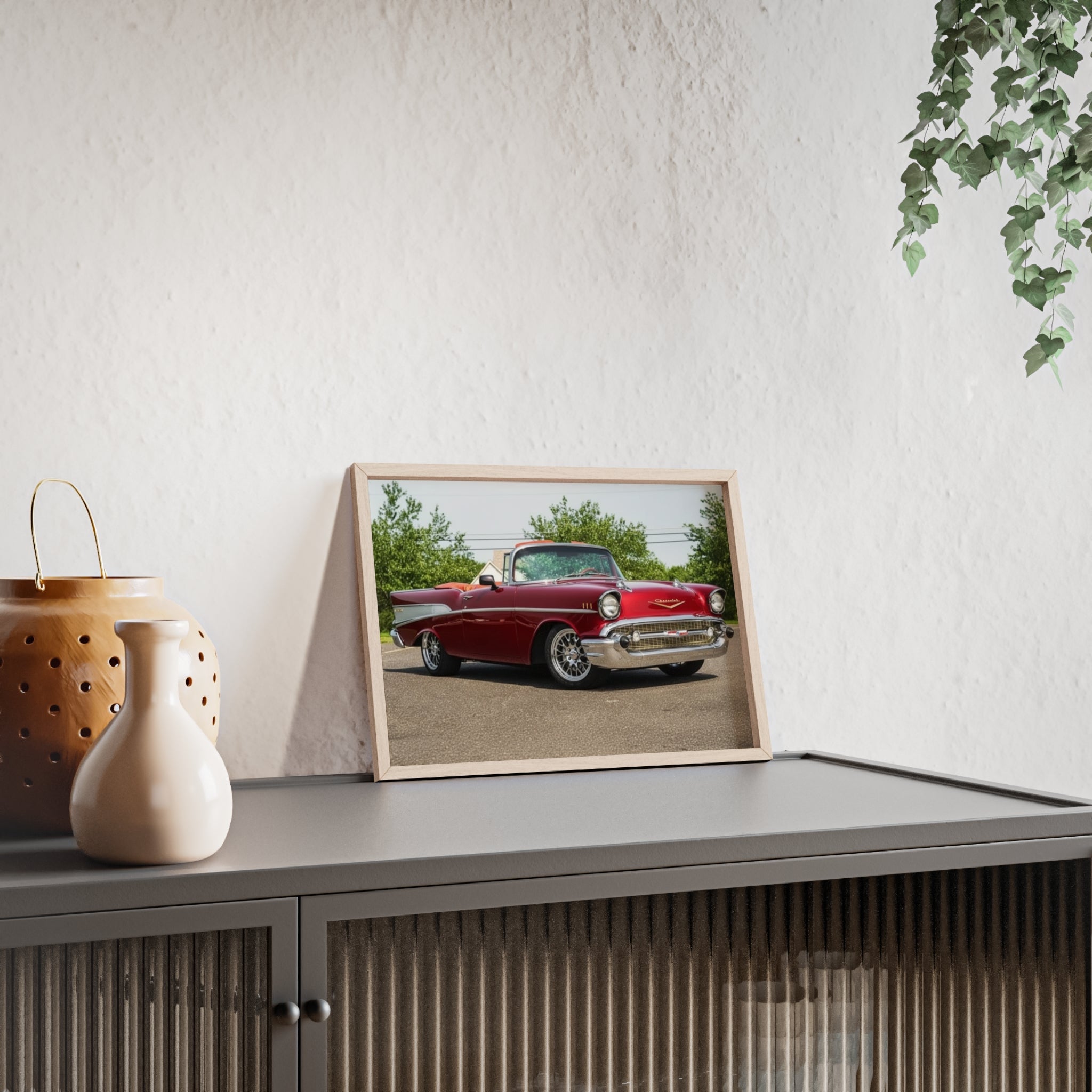 Vintage Red Classic Car Poster with Wooden Frame — Retro Automotive Wall Art