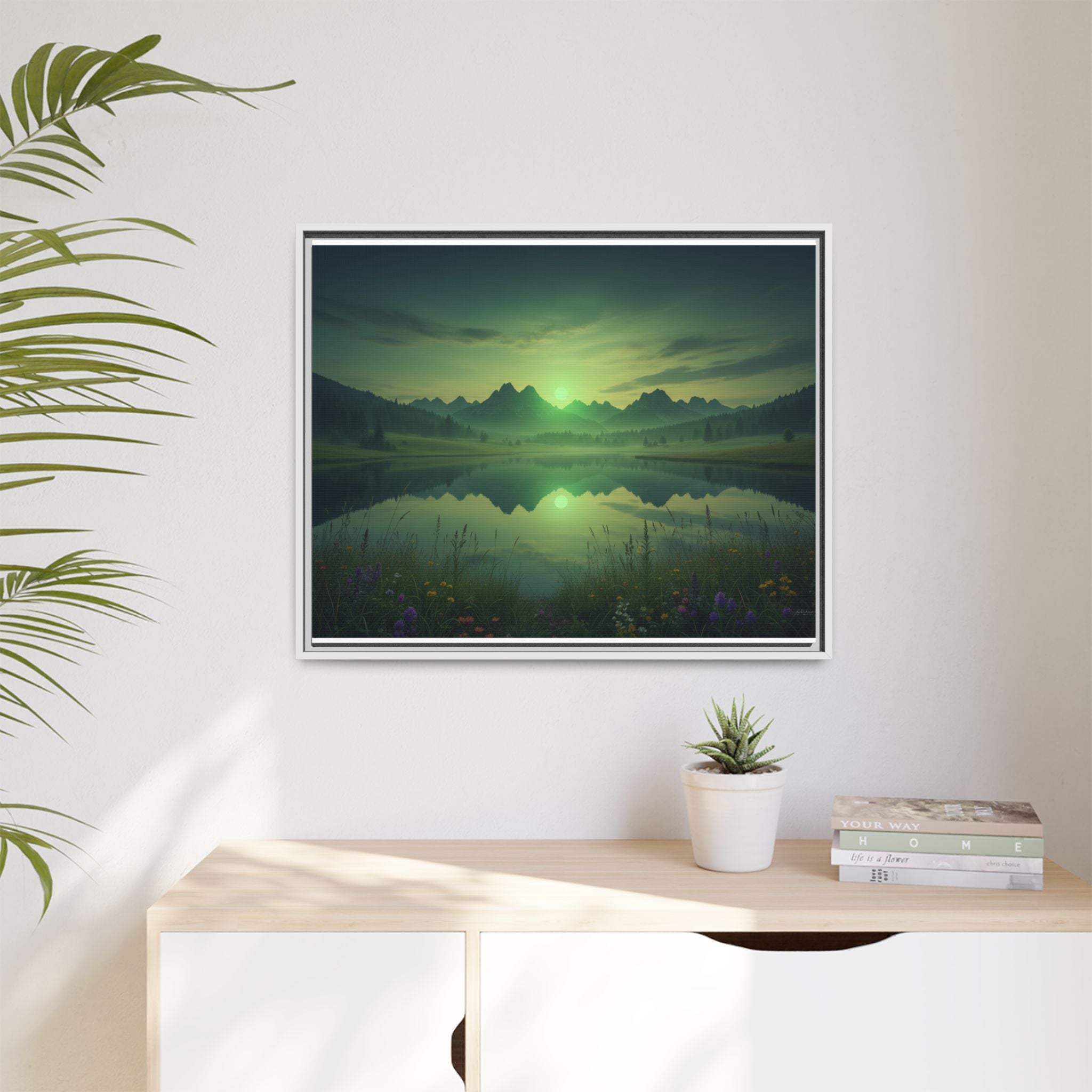 Framed Matte Canvas Print — Serene Green Mountain Lake Landscape