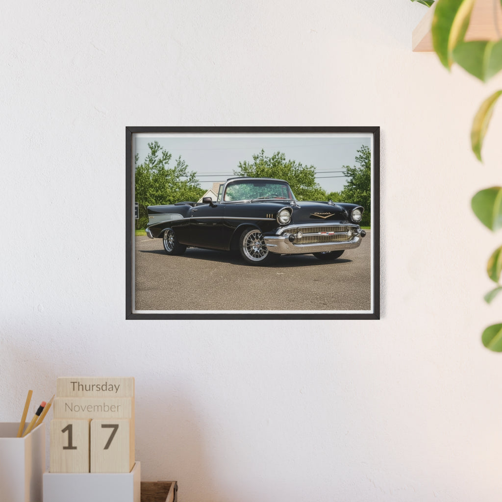 Classic Black 1957 Chevy Poster with Wooden Frame — Vintage Car Wall Art