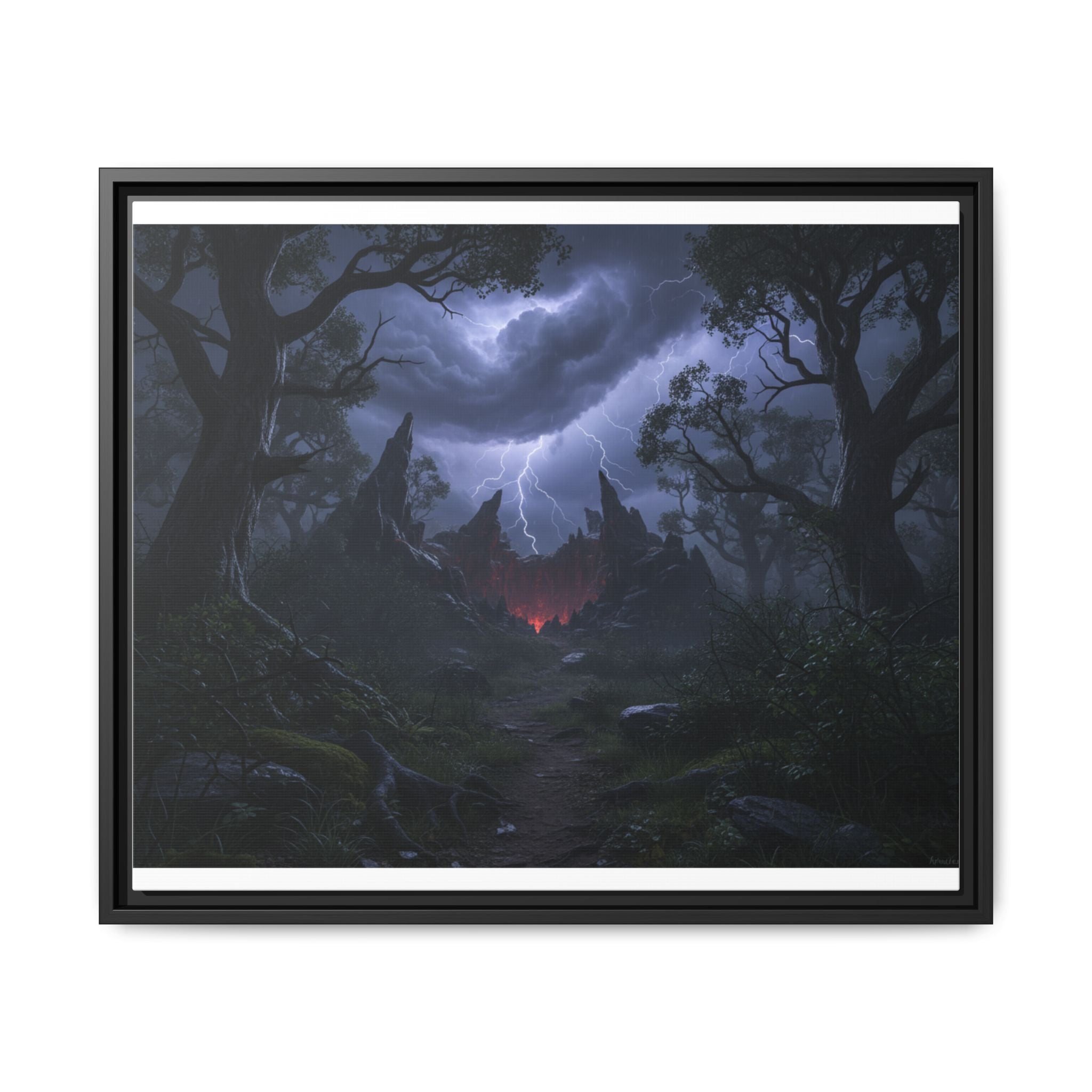 Dark Storm Forest Framed Canvas Print — Lightning, Haunted Castle Art