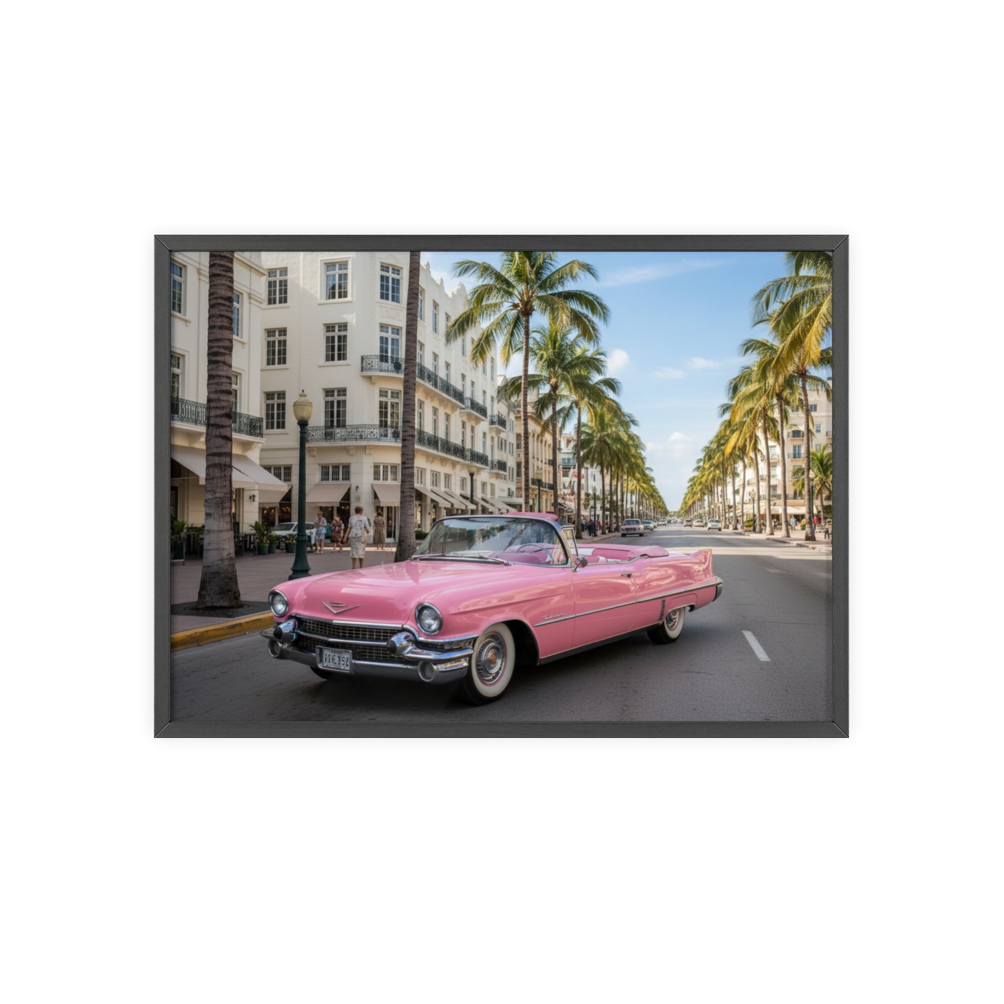 Vintage Pink Cadillac Wall Poster with Wooden Frame — Retro Miami Palm Street Photography