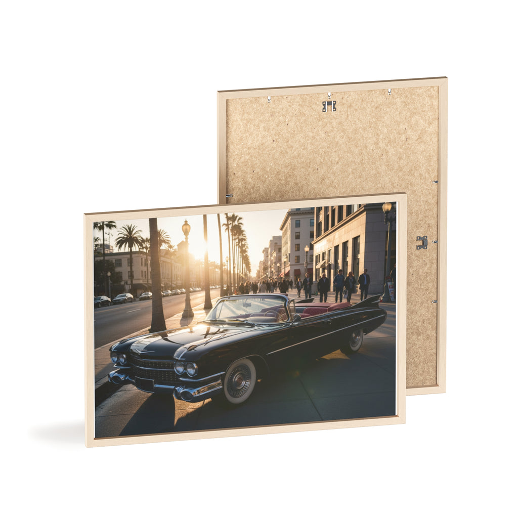 Vintage Convertible Sunset Poster with Wooden Frame