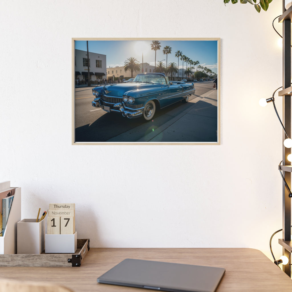 Framed Vintage Cadillac Poster – Retro Palm-Tree Coastal Car Wall Art