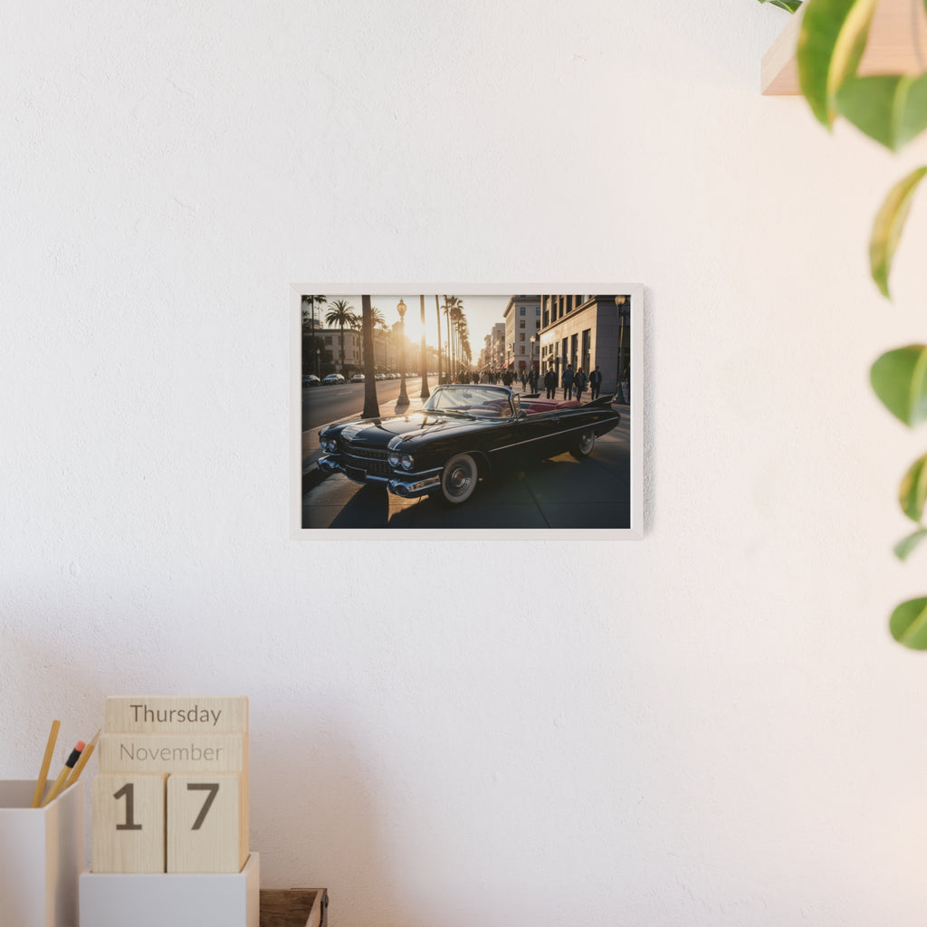 Vintage Convertible Sunset Poster with Wooden Frame
