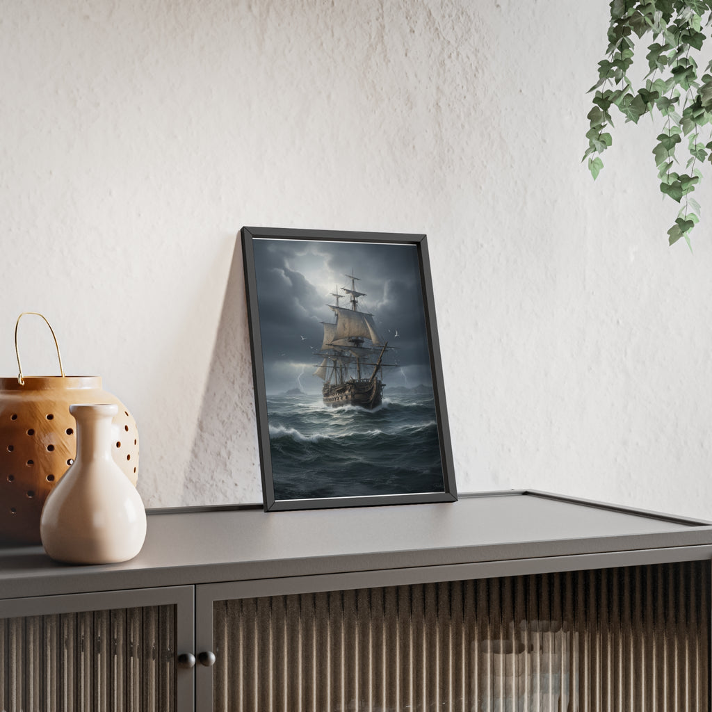 Framed Stormy Sea Ship Poster — Nautical Wall Art with Wooden Frame