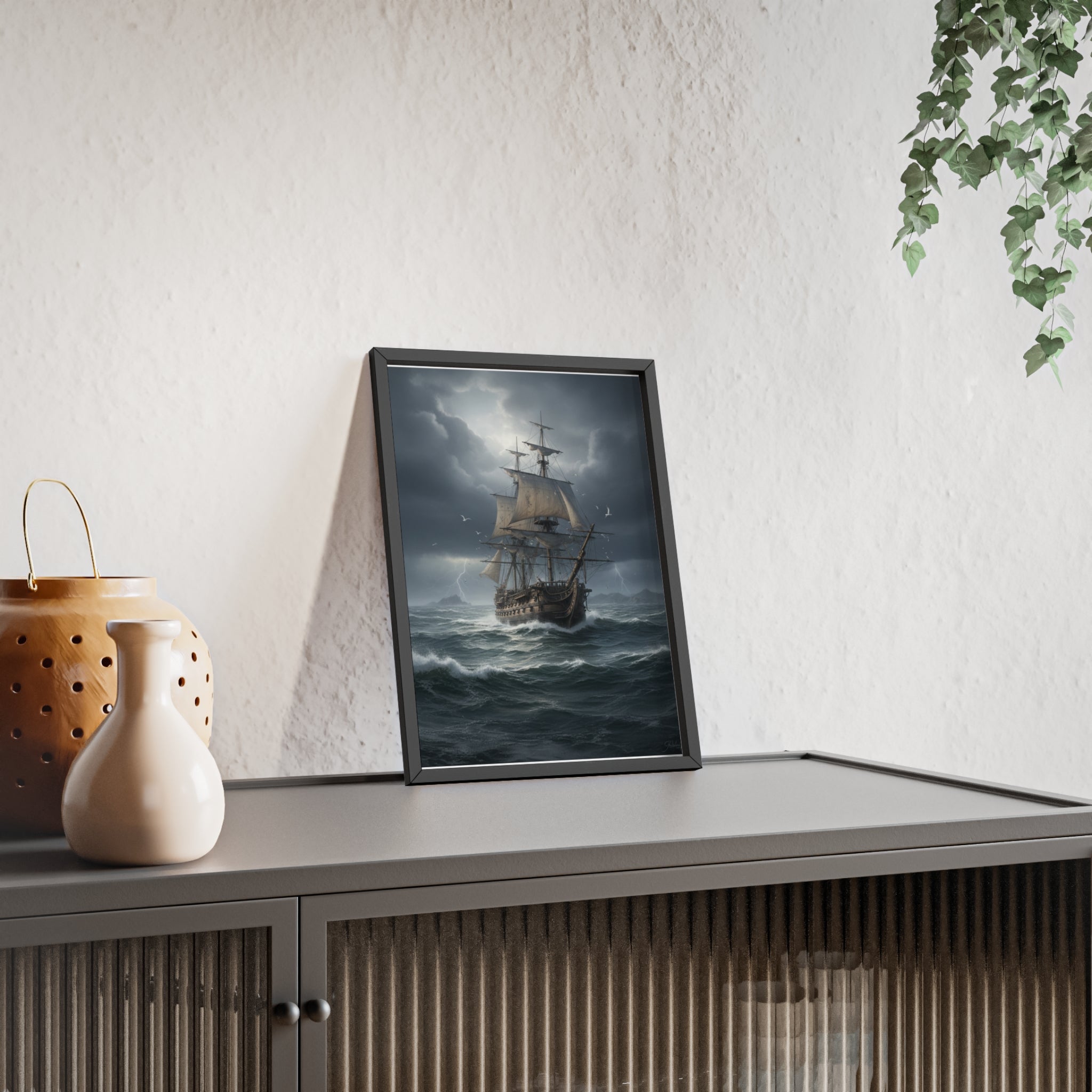 Framed Stormy Sea Ship Poster — Nautical Wall Art with Wooden Frame
