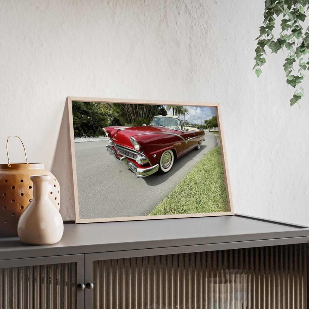 Vintage Red Convertible Poster with Wooden Frame — Classic Car Wall Art