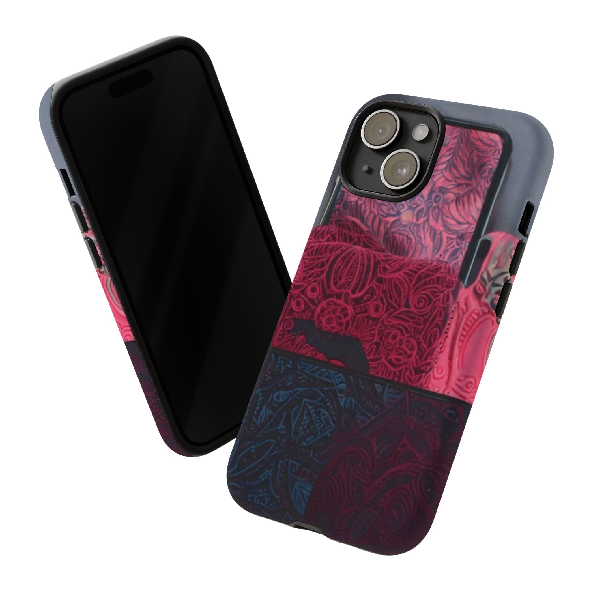 Floral Patchwork Tough Phone Case — Pink & Navy Doodle Design