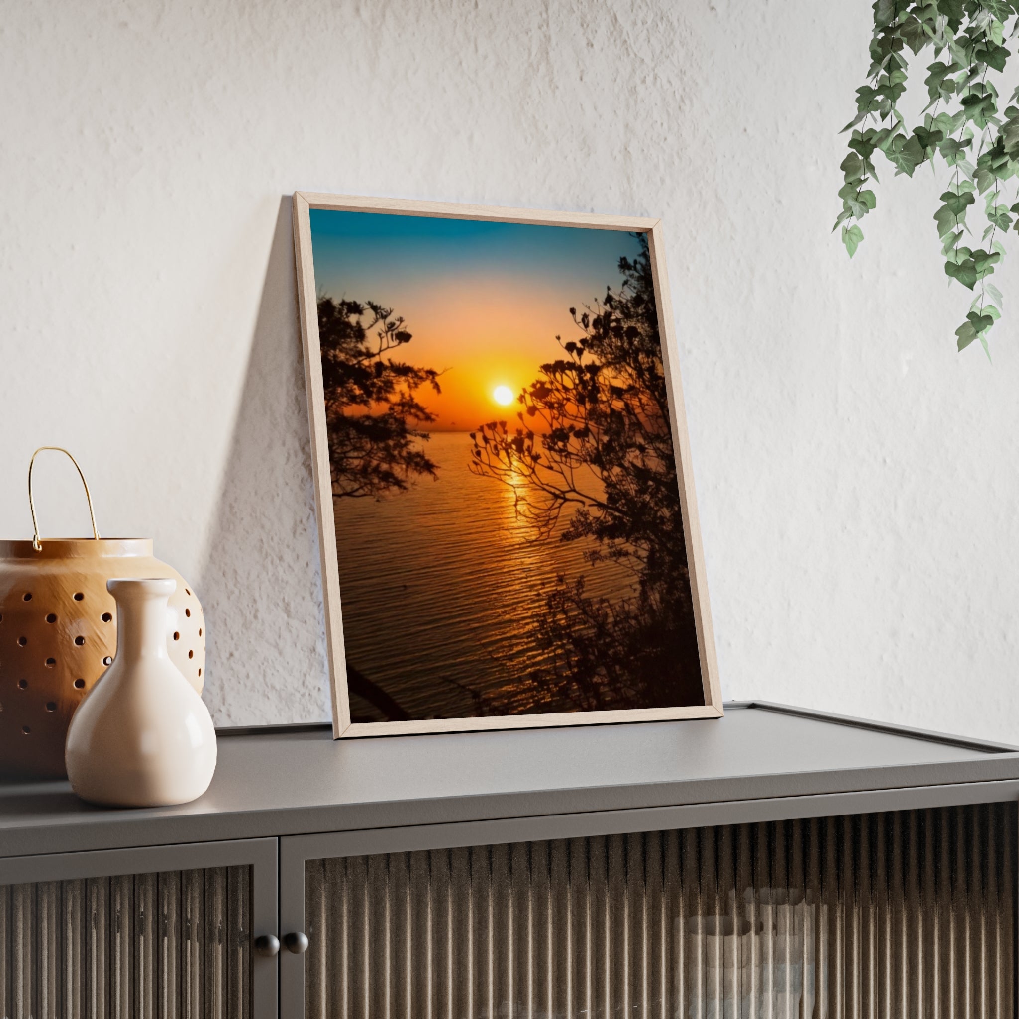 Sunset Coastal Poster with Wooden Frame — Framed Beach Wall Art