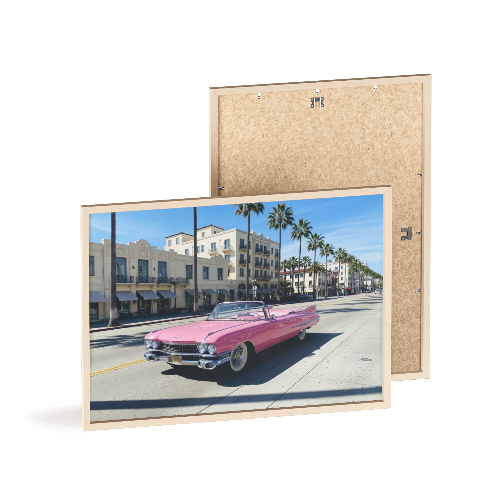 Retro Pink Cadillac Poster with Wooden Frame — Vintage Palm-Drive Wall Art
