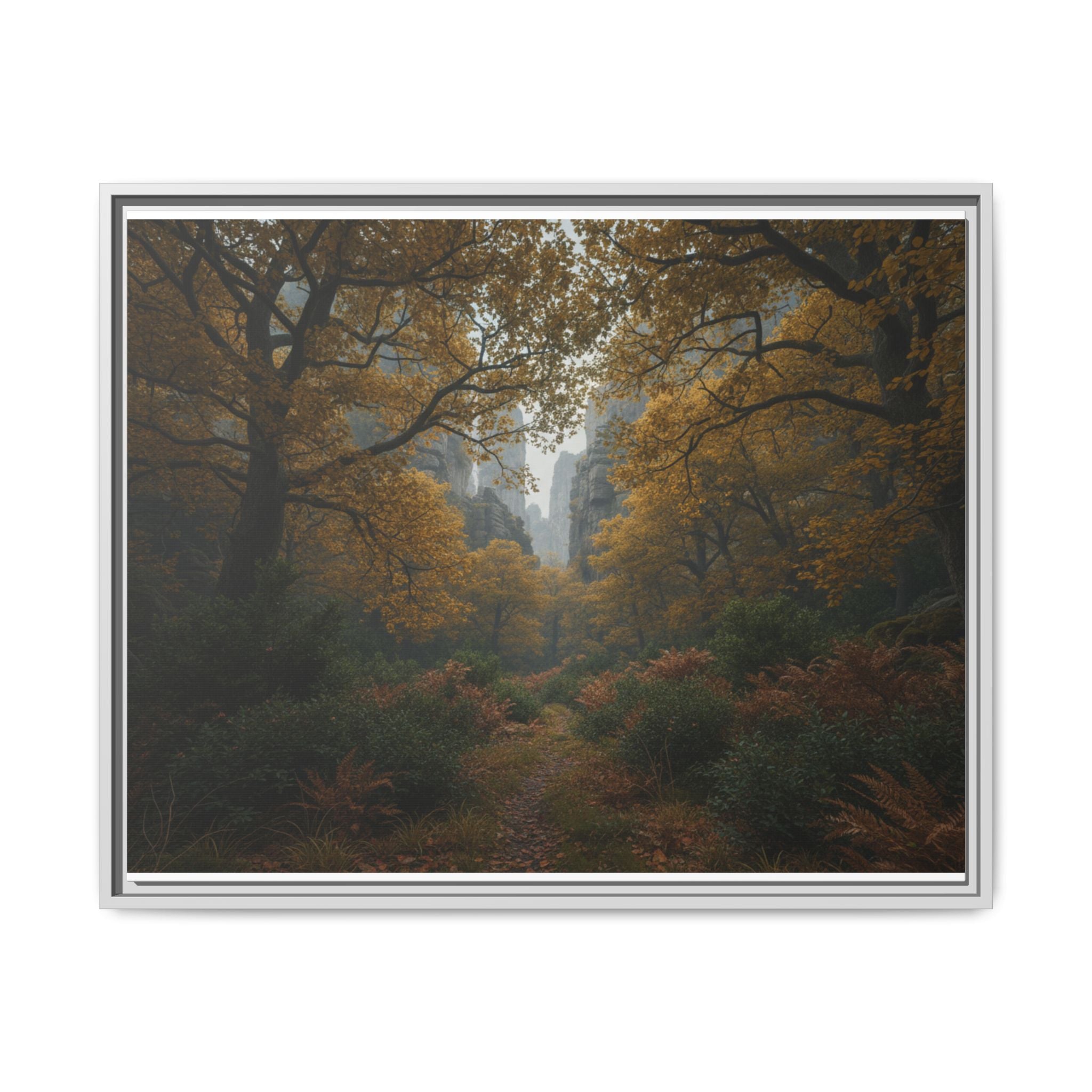 Autumn Forest Path Matte Canvas Print — Framed Wall Art