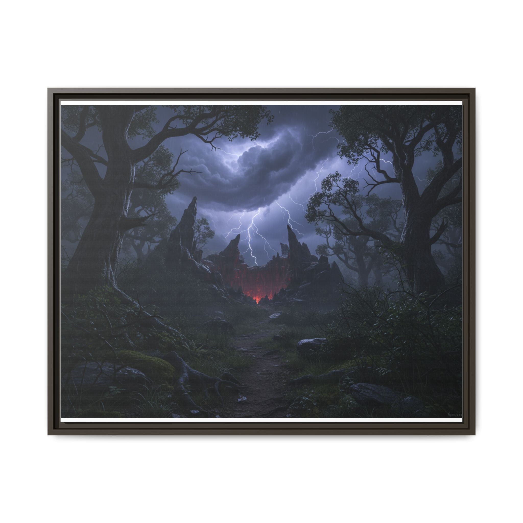 Dark Storm Forest Framed Canvas Print — Lightning, Haunted Castle Art