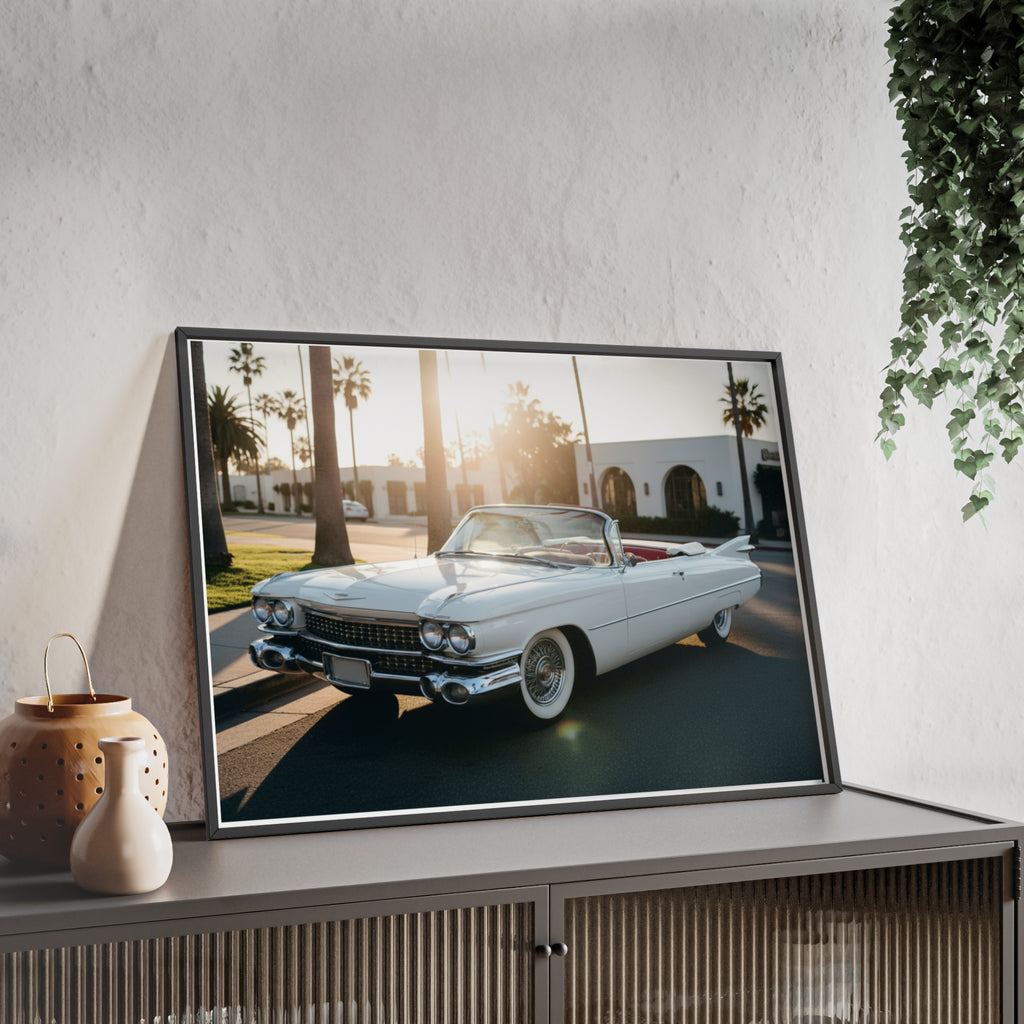 Vintage Cadillac Convertible Poster with Wooden Frame — Retro Palm Trees Sunset Wall Art