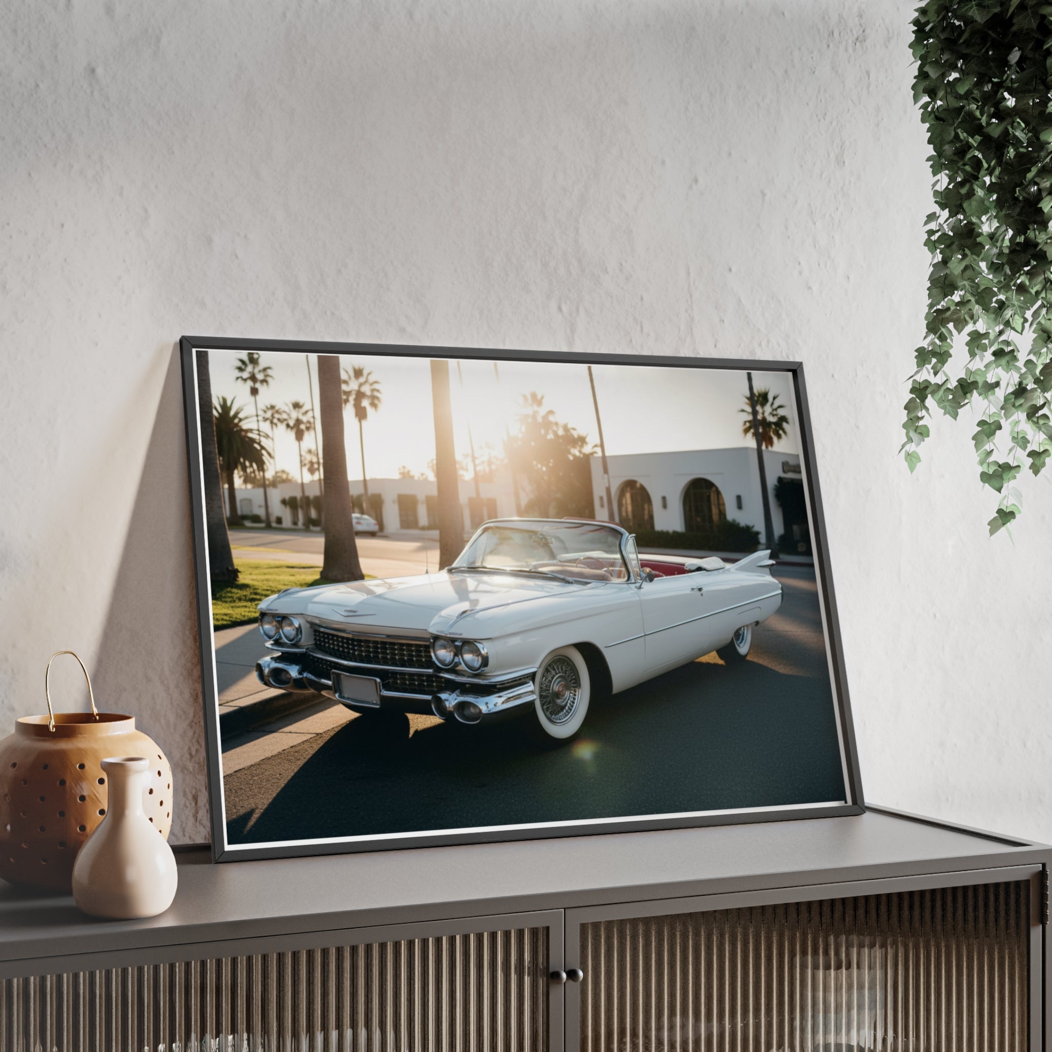 Vintage Cadillac Convertible Poster with Wooden Frame — Retro Palm Trees Sunset Wall Art
