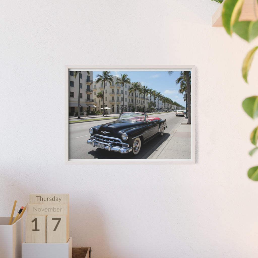 Vintage Convertible on Ocean Drive Framed Poster – Retro Classic Car Wall Art