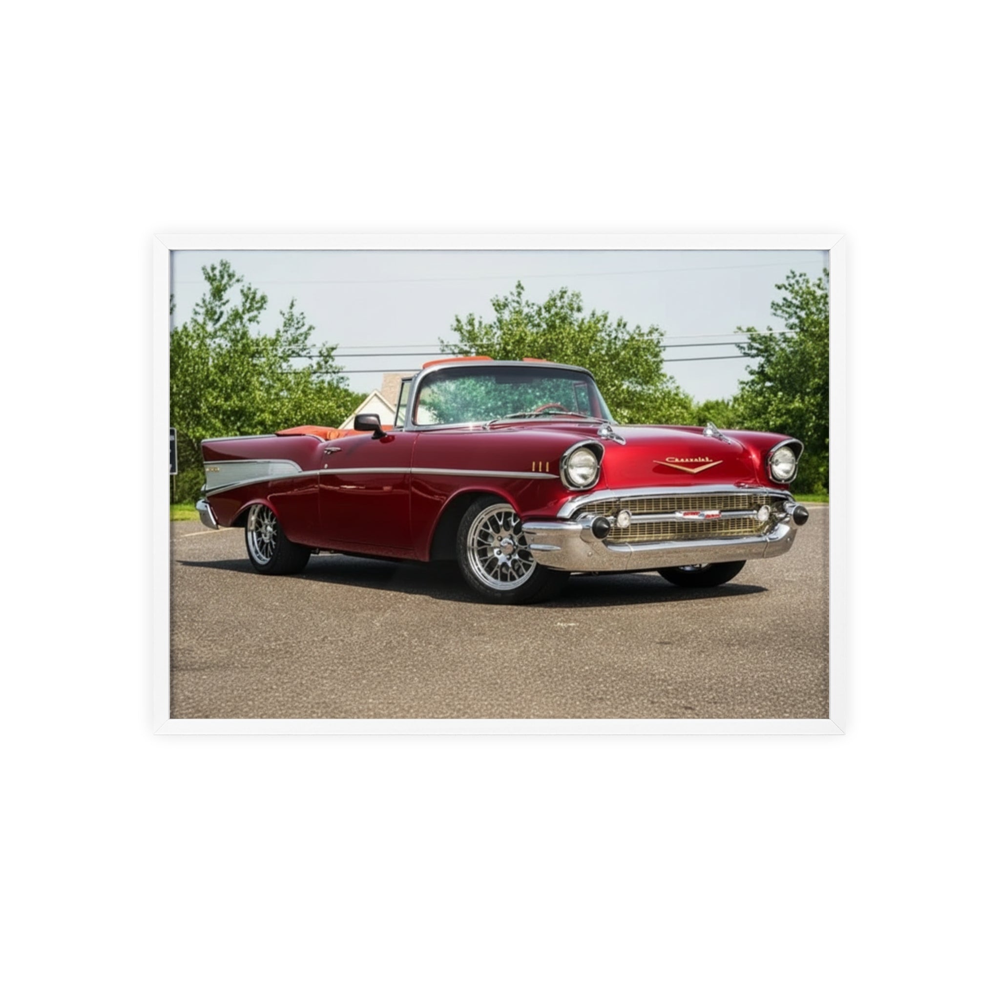 Classic Red Chevy Poster with Wooden Frame — Vintage Car Wall Art for Garage, Man Cave, Auto Enthusiasts