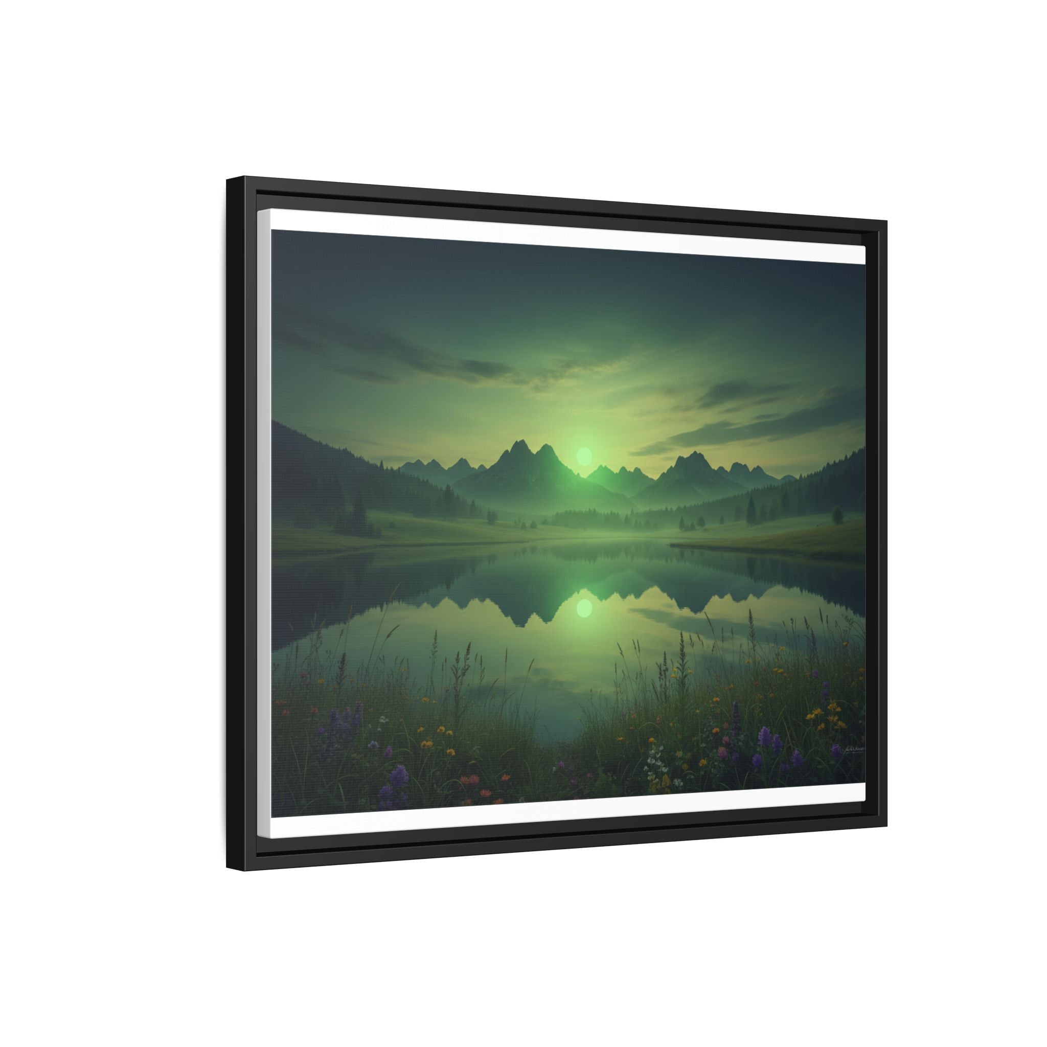 Framed Matte Canvas Print — Serene Green Mountain Lake Landscape