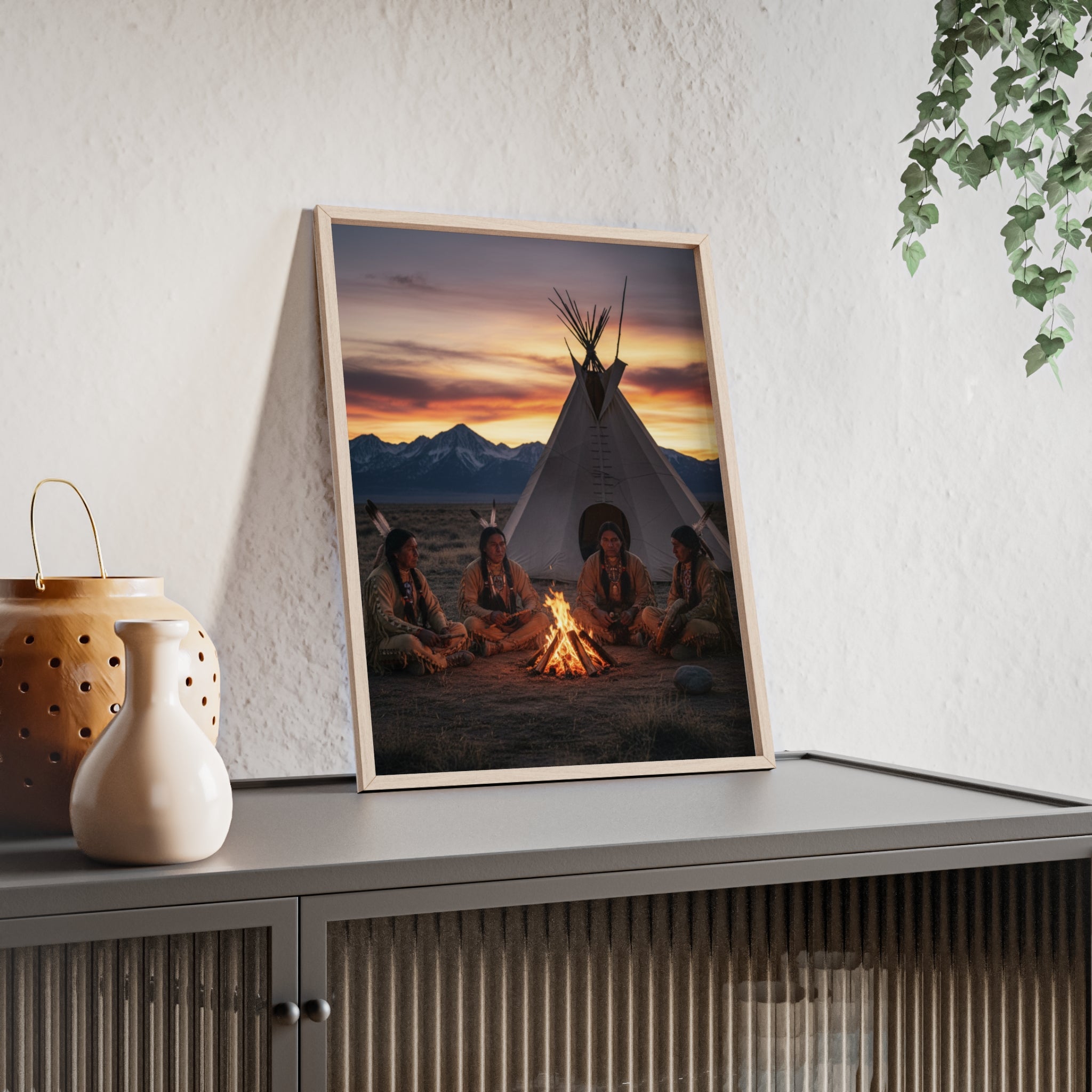 Framed Campfire Teepee Poster — Native Gathering Wall Art