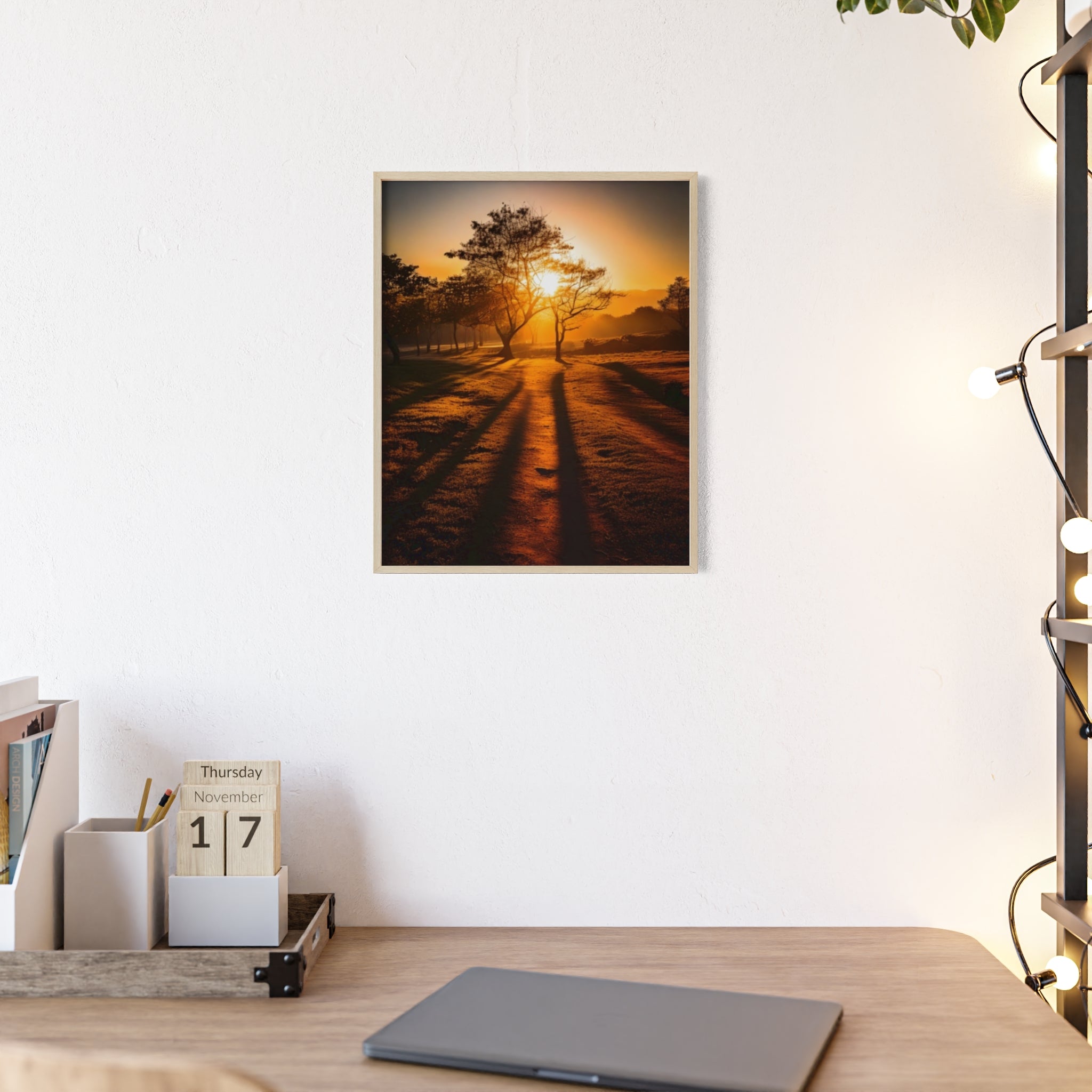 Sunrise Forest Poster — Framed Wooden Wall Art (Sunlit Trees)