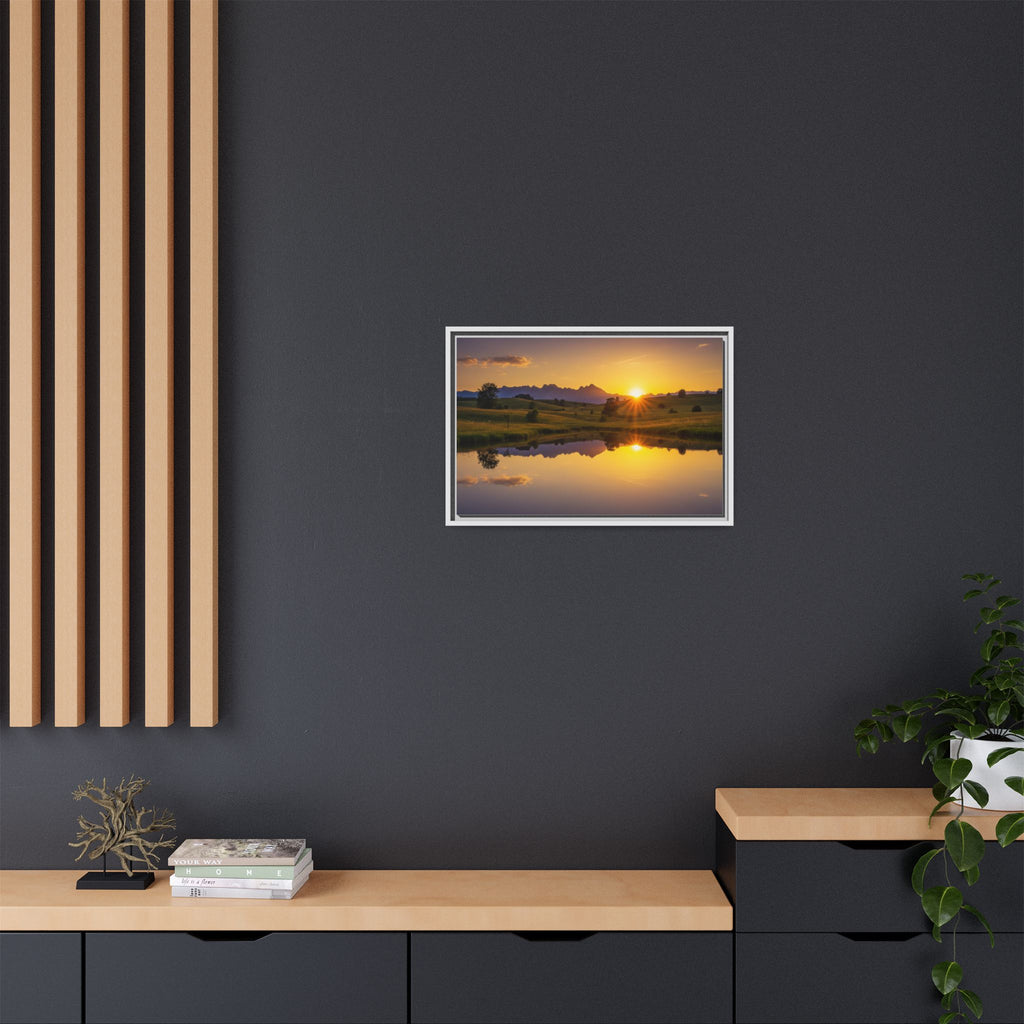 Framed Matte Canvas Sunset Landscape — Serene Lake Reflection Wall Art