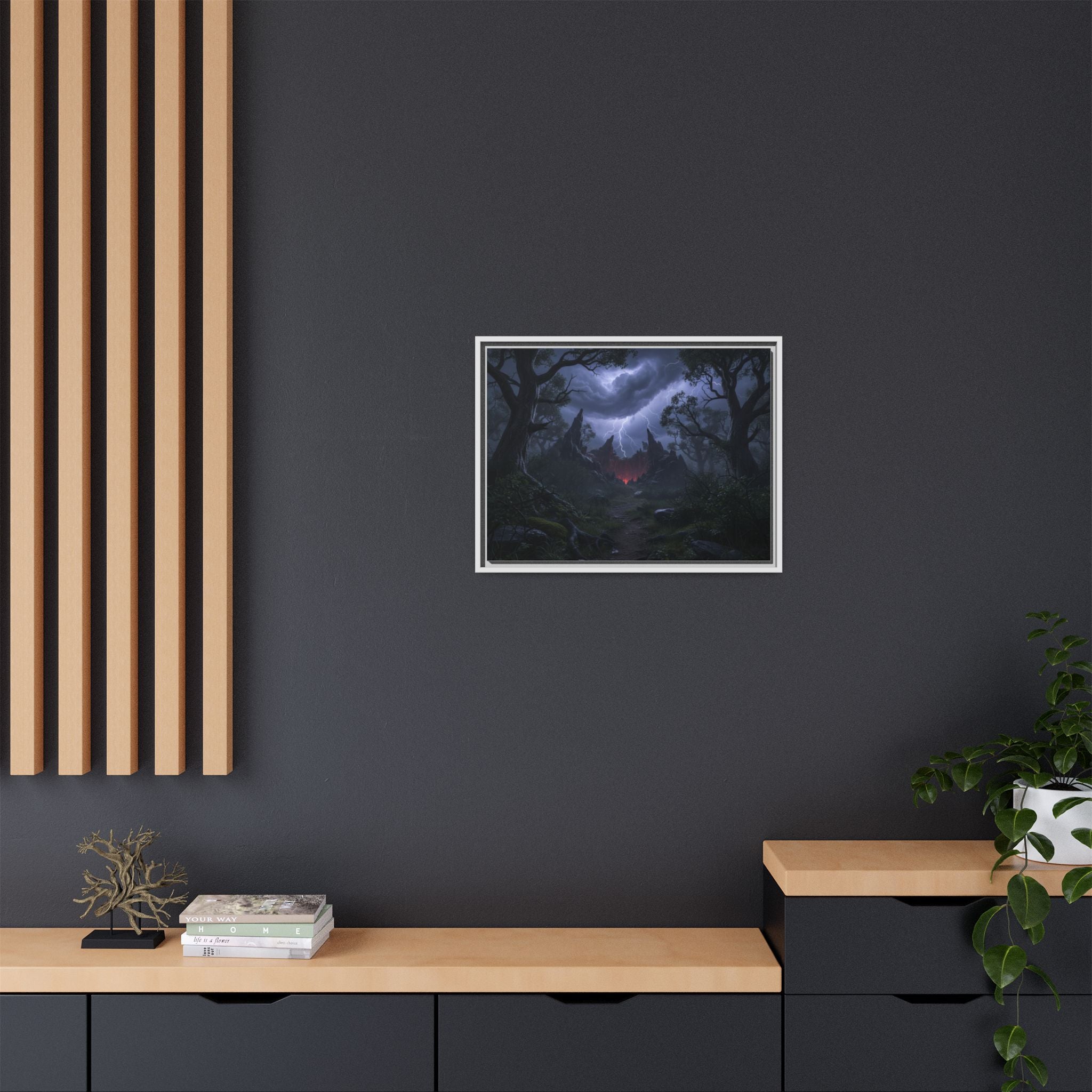 Dark Storm Forest Framed Canvas Print — Lightning, Haunted Castle Art