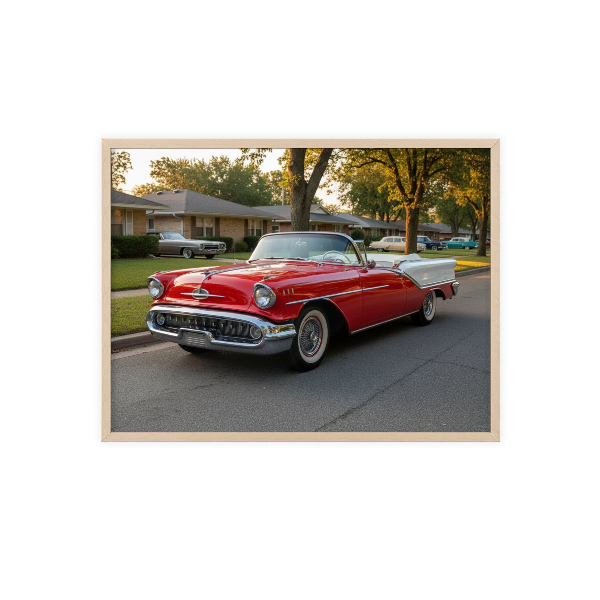 Vintage Red Convertible Poster with Wooden Frame — Classic Car Wall Art