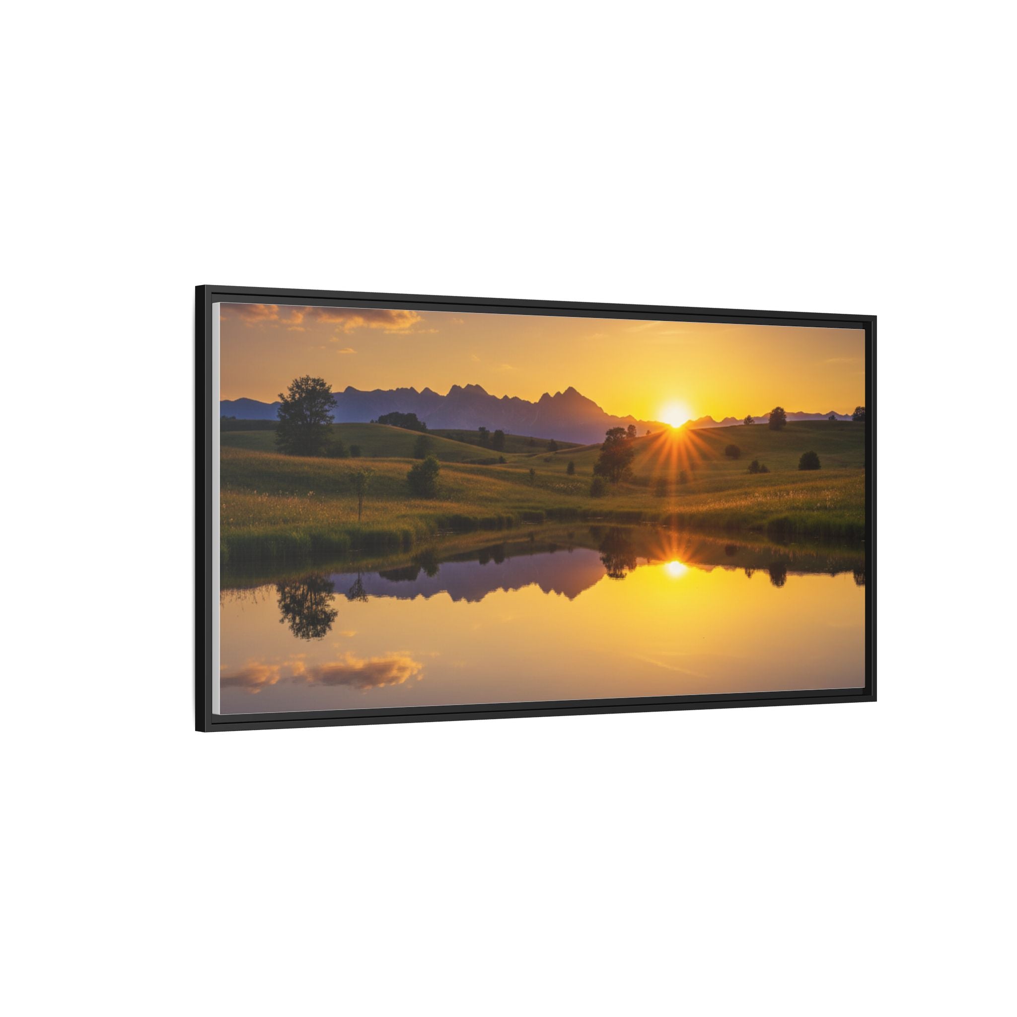 Framed Matte Canvas Sunset Landscape — Serene Lake Reflection Wall Art