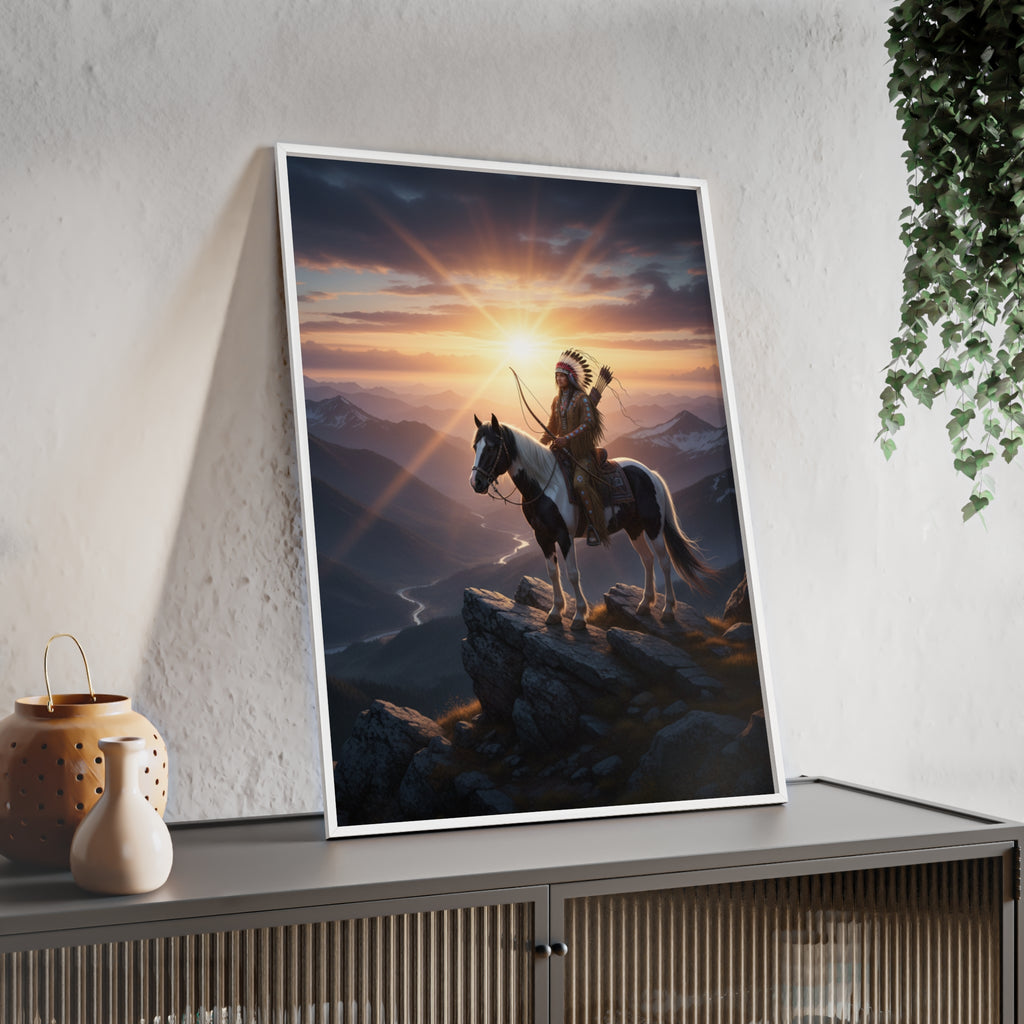 Native American Warrior on Horse Framed Poster — Scenic Sunrise Wall Art