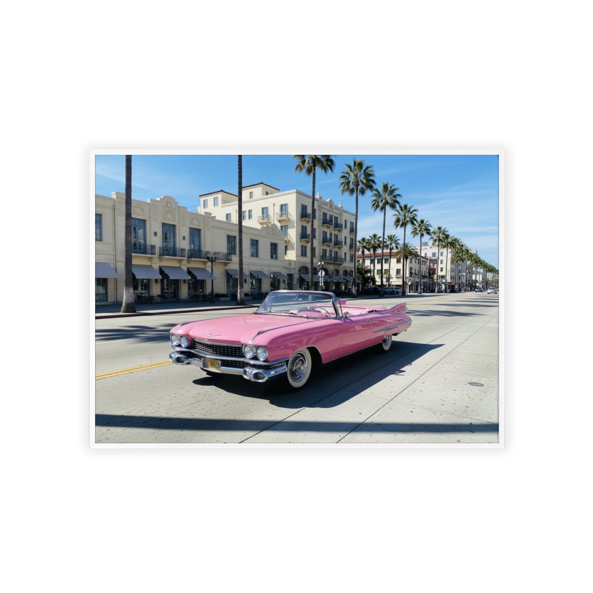 Retro Pink Cadillac Poster with Wooden Frame — Vintage Palm-Drive Wall Art