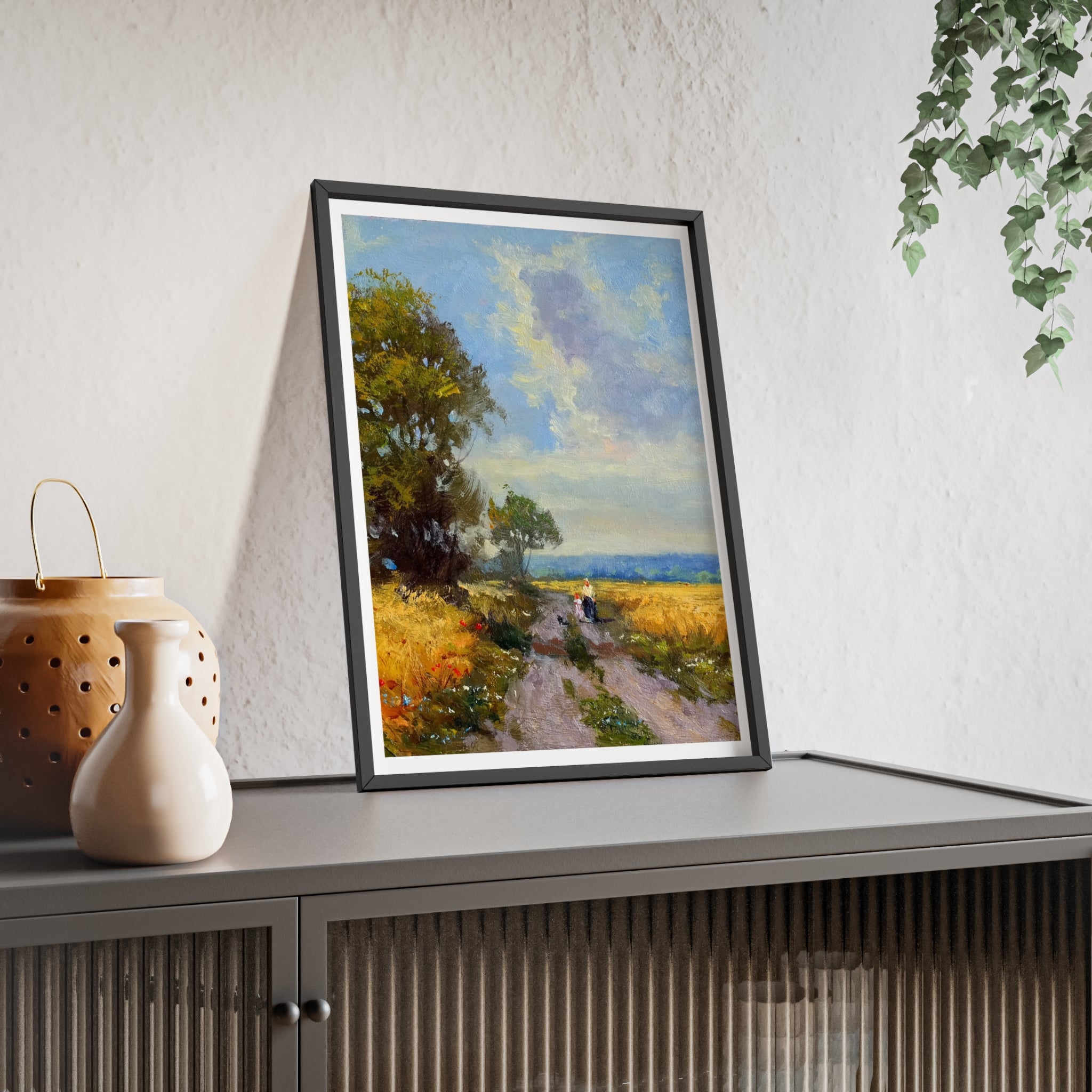 Framed Countryside Landscape Poster — Rustic Wooden Frame Wall Art