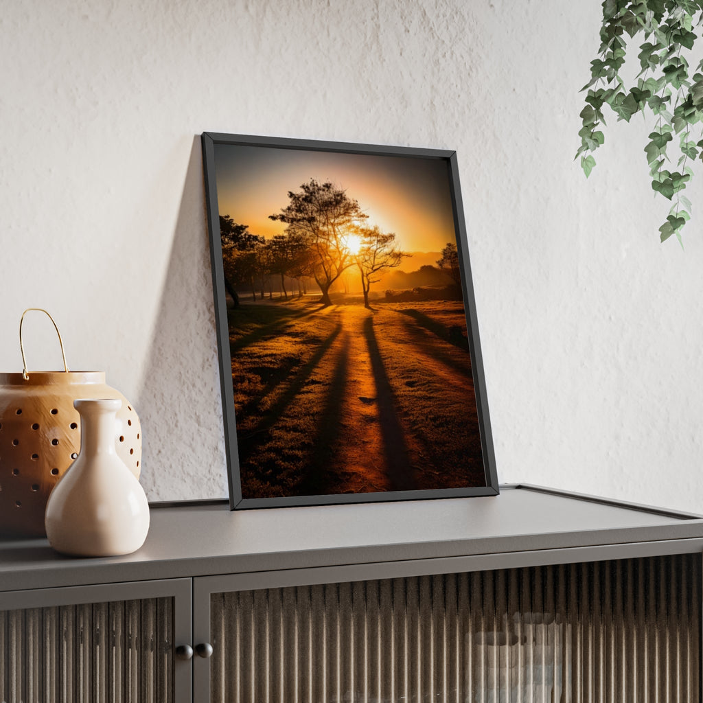 Sunrise Forest Poster — Framed Wooden Wall Art (Sunlit Trees)