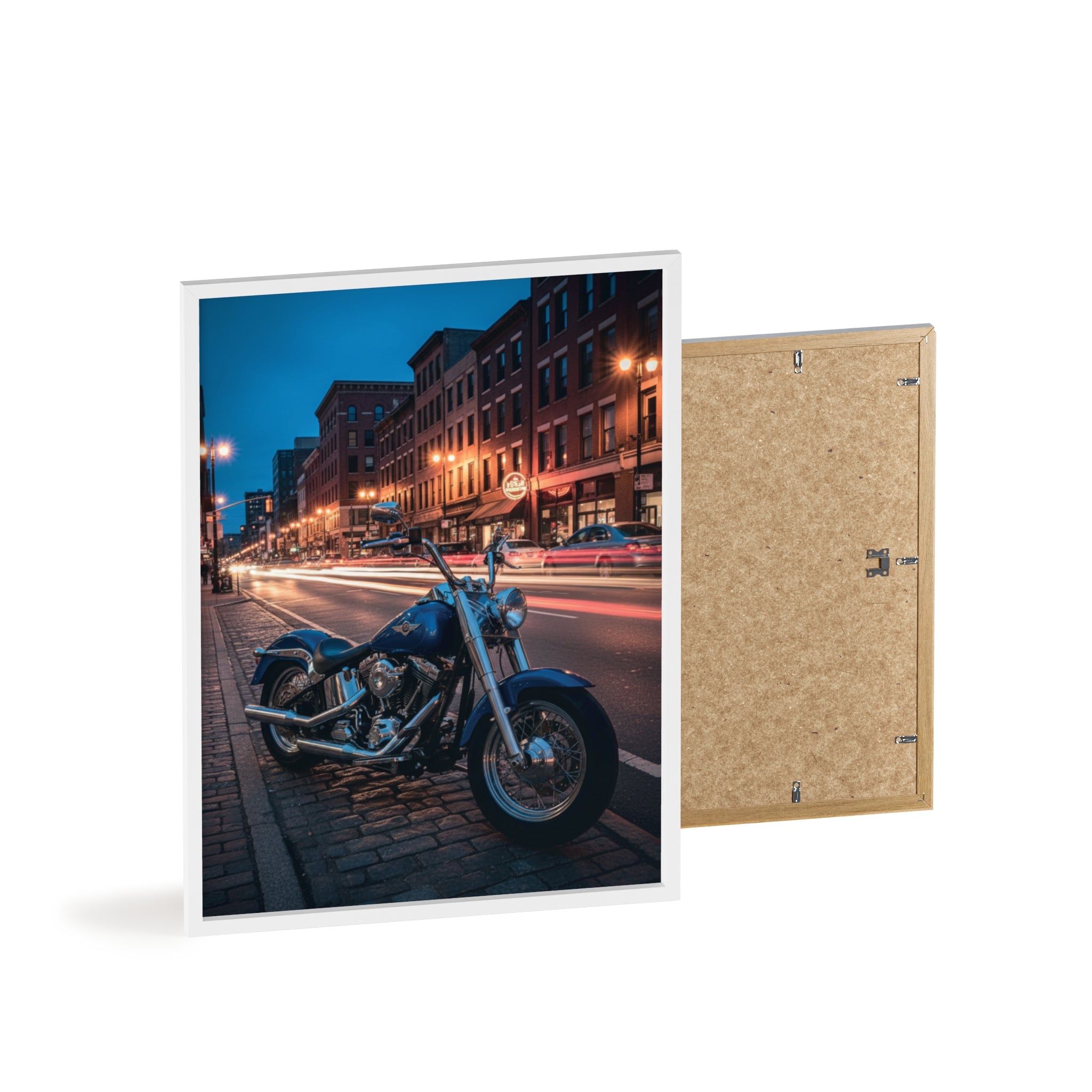 Framed Motorcycle Poster — Night City Street Bike Wall Art