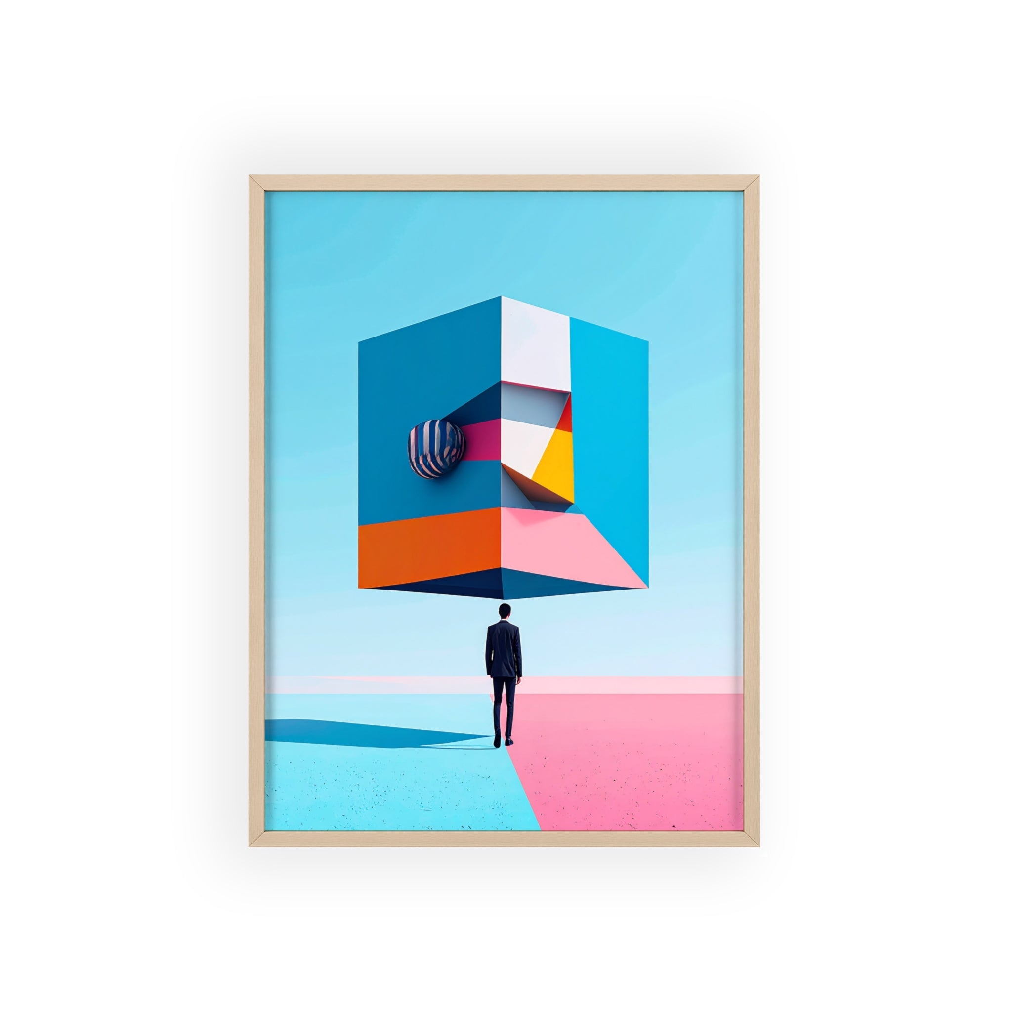 Surreal Geometric Art Poster with Wooden Frame — Modern Minimal Wall Decor