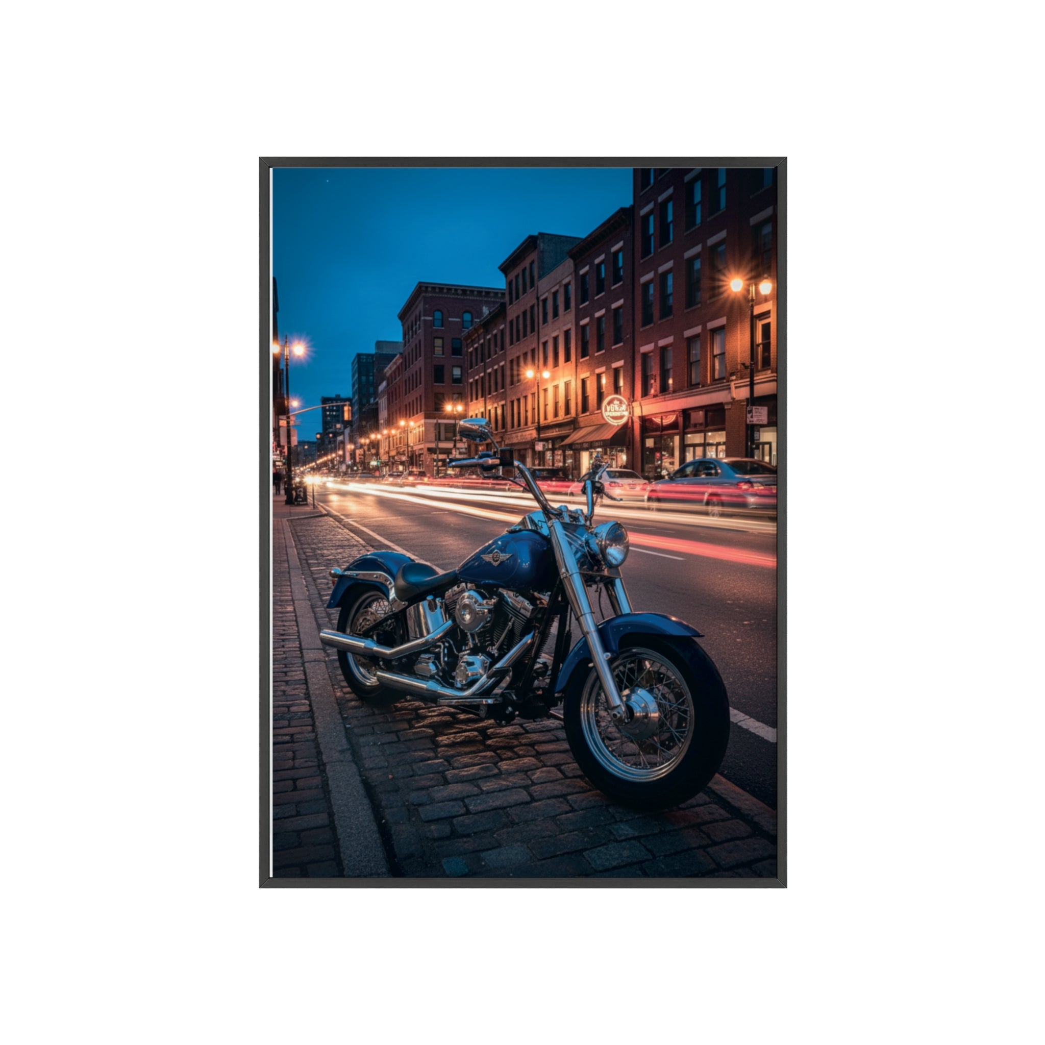 Framed Motorcycle Poster — Night City Street Bike Wall Art